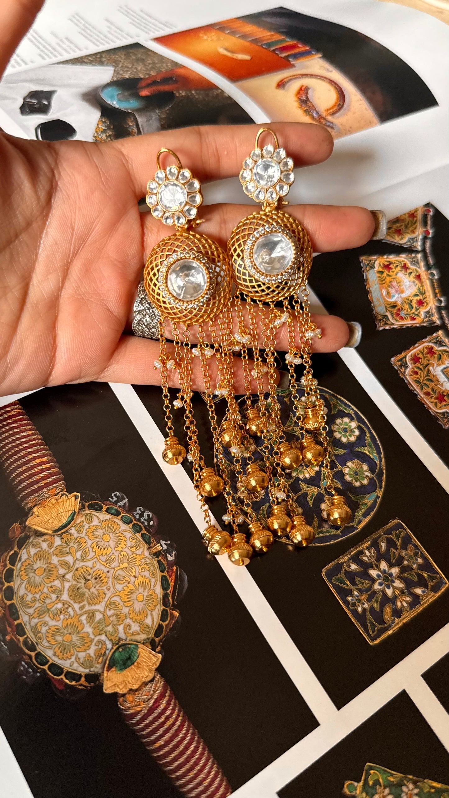 Moissanite polki goldeb drops long earring