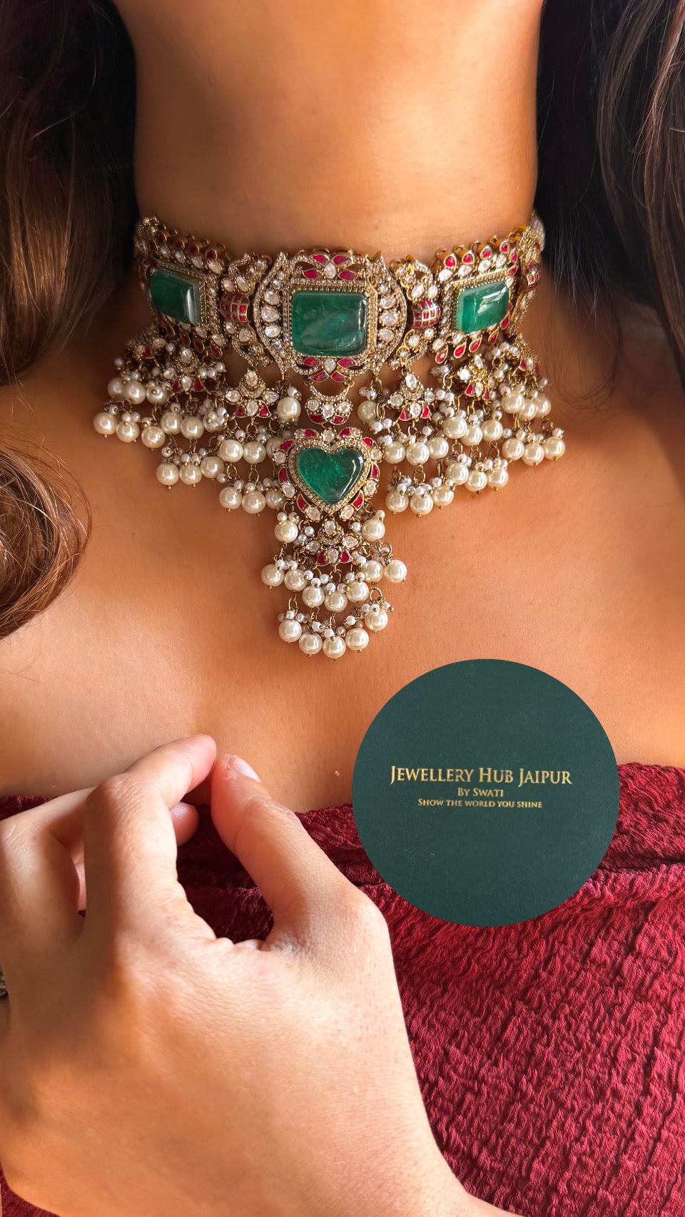 Emerald & Rani pink moissanite choker set with Pearl detailing