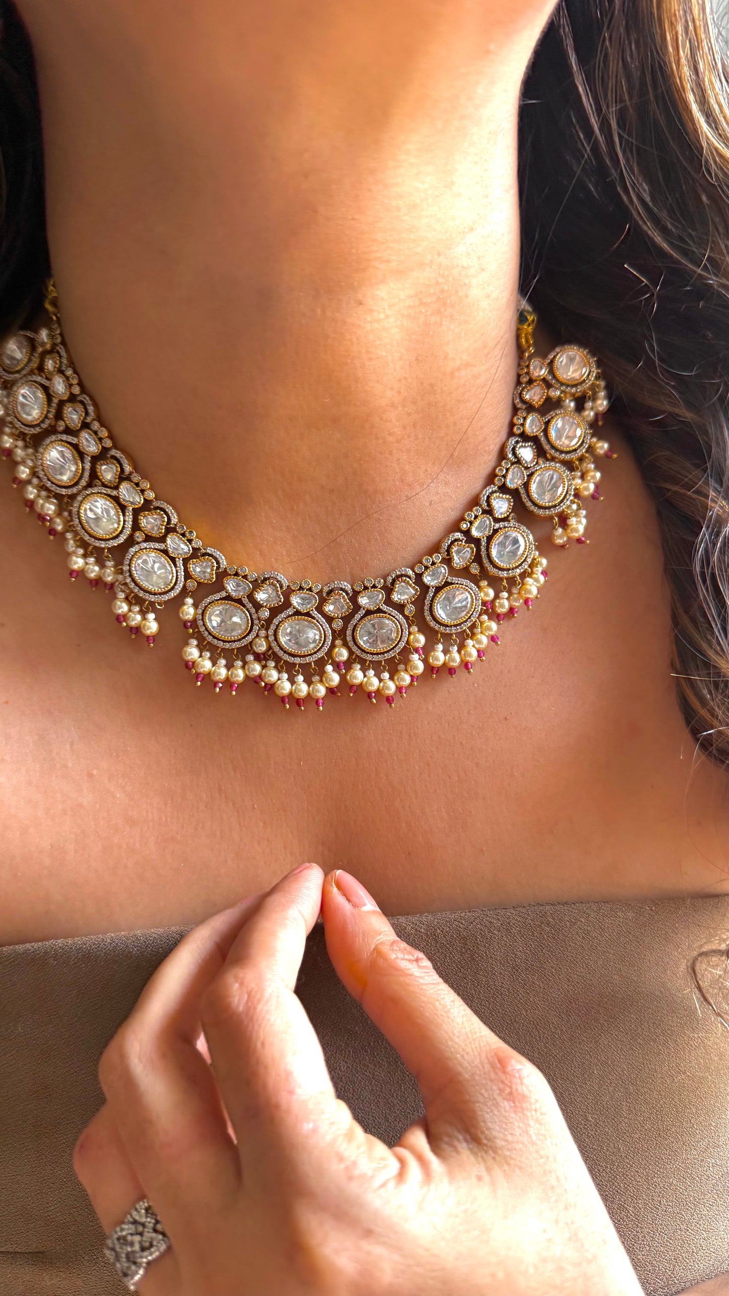 Uncut Polki Victorian choker with ruby & Pearl Detailing
