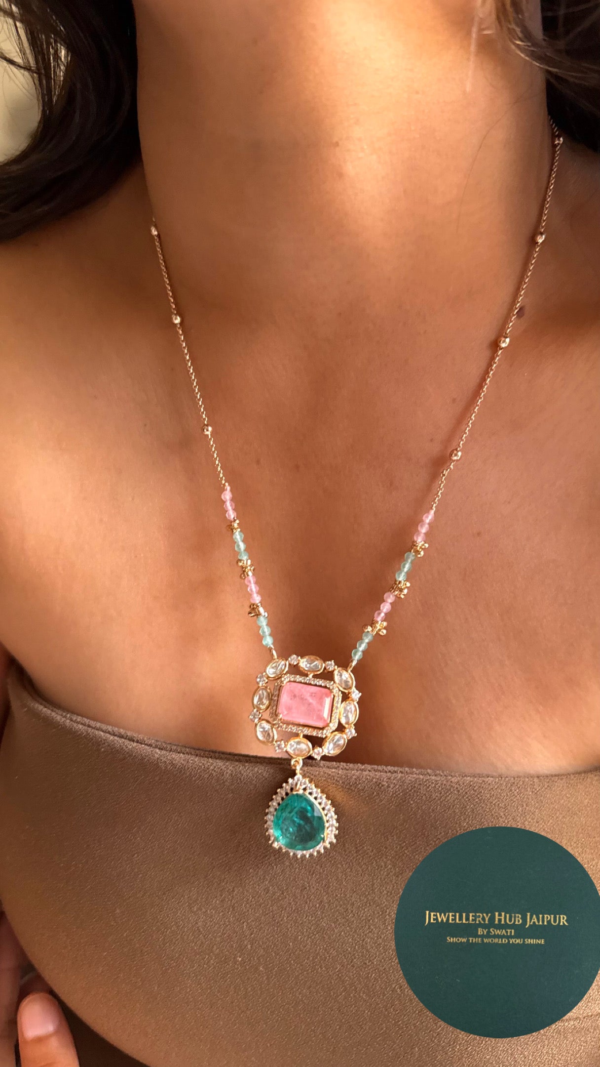 Rose quartz & turquoise minimalist pendant set