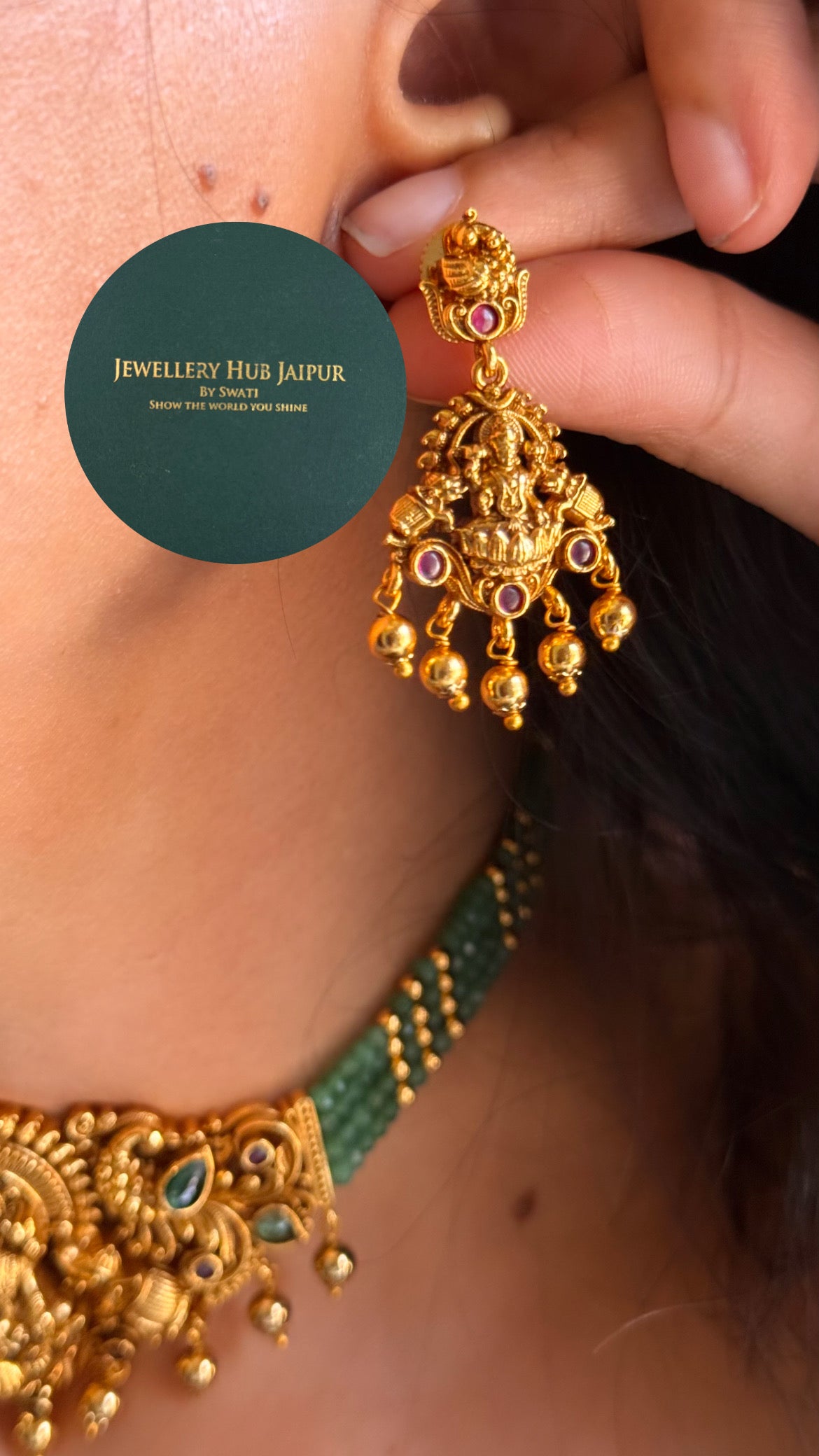 Goddess laxmi & emerald peacock design with mint temple choker set