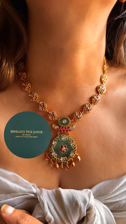 Amrapali inspired Natural stone Mint with rani pink floral inlay collar set
