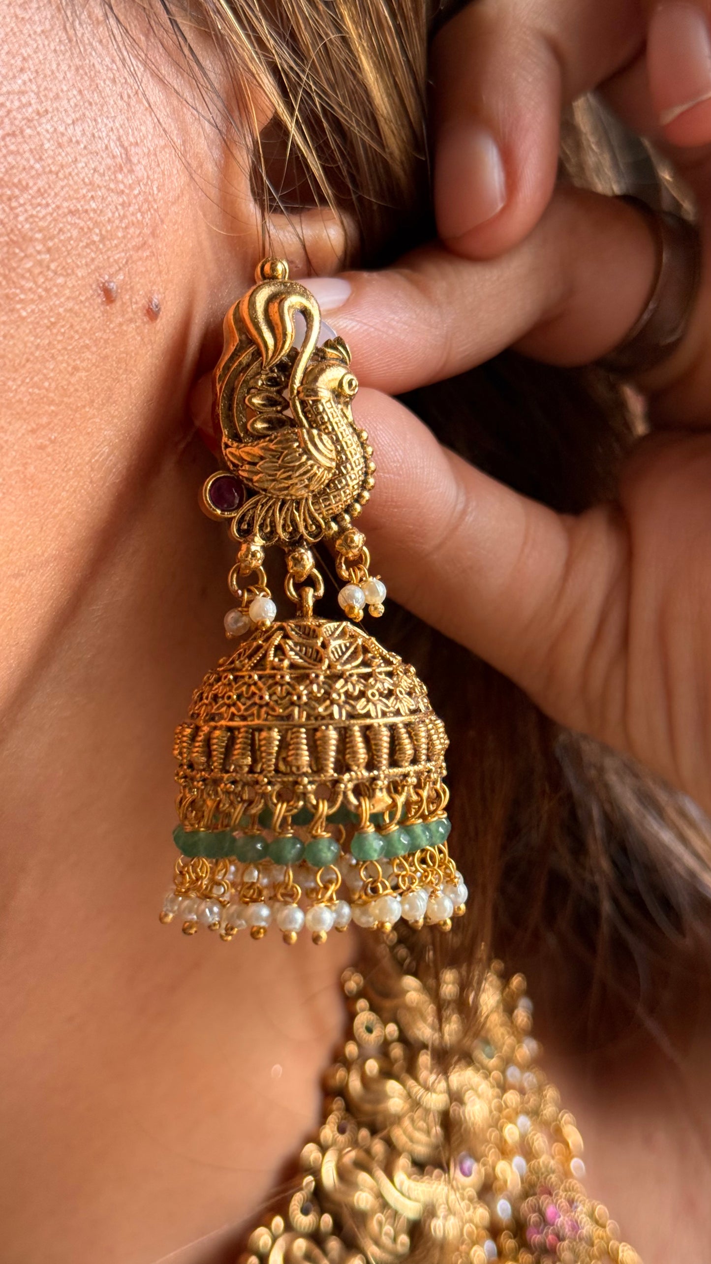 Goddess Laxmi mint & pearl temple necklace combo