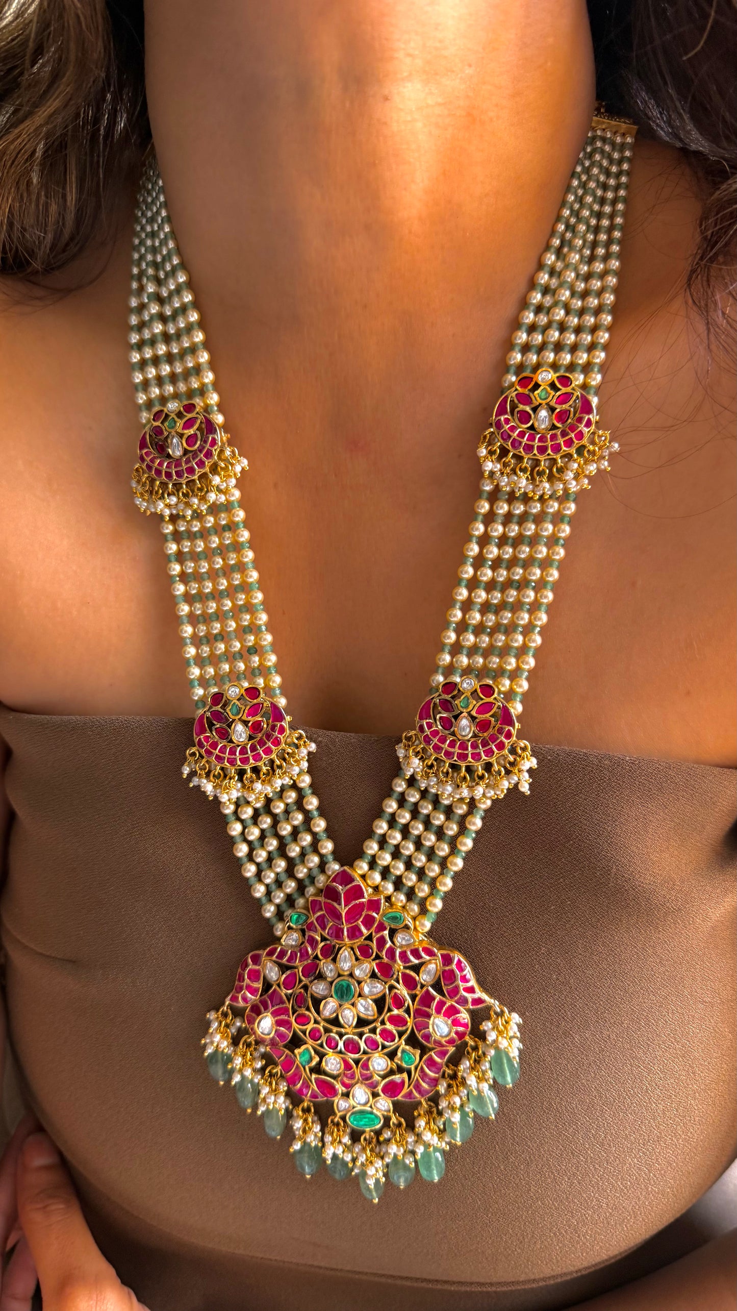 Kemp work pearl & mint rani haar