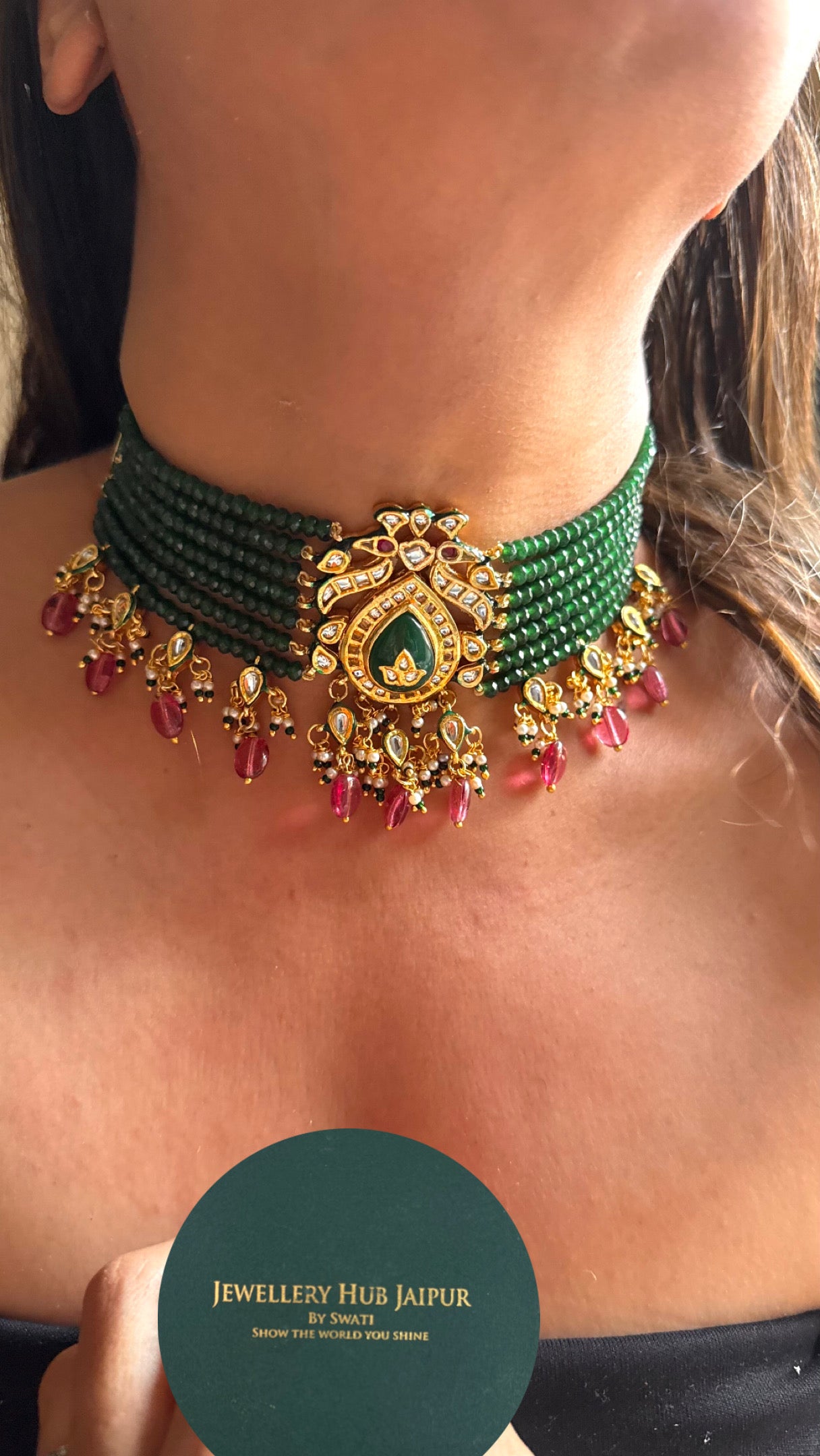 Emerald inlay Meenakari with rose quartz drop choker Necklace