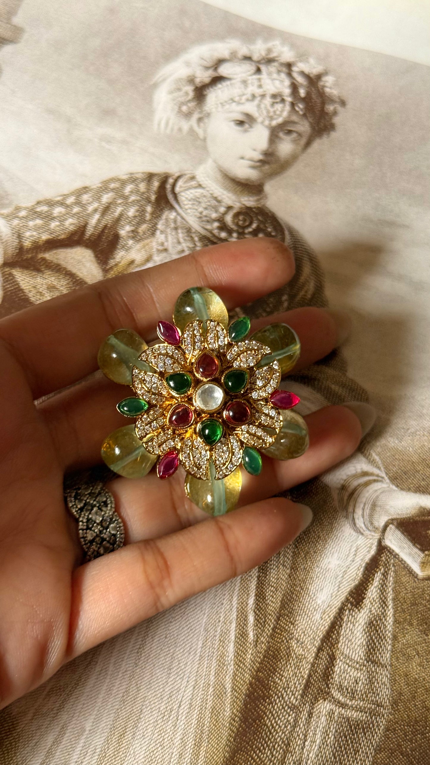 Mint, emerald & rani pink floral adjustable ring