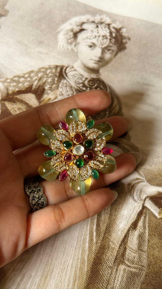 Mint, emerald & rani pink floral adjustable ring