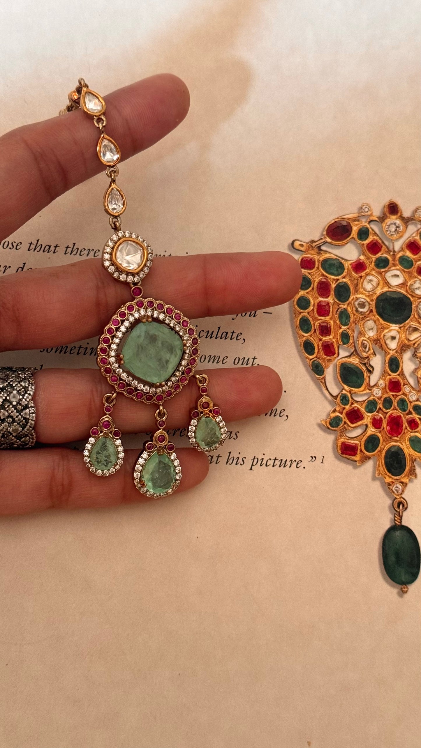 Mint doublet & rani pink moissanite uncut maangtika