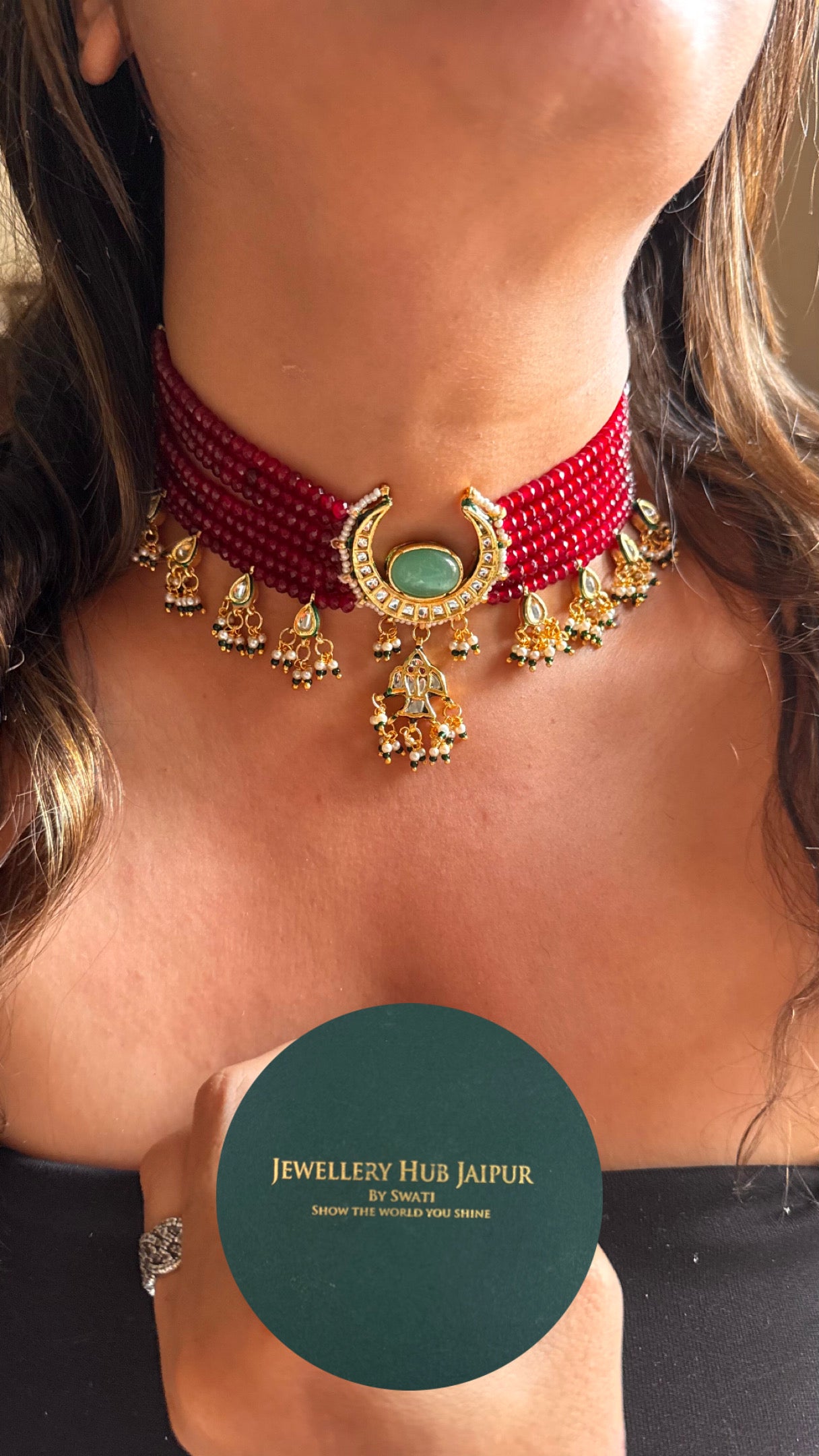Mint inlay with ruby pearl detailing meenakari choker Necklace