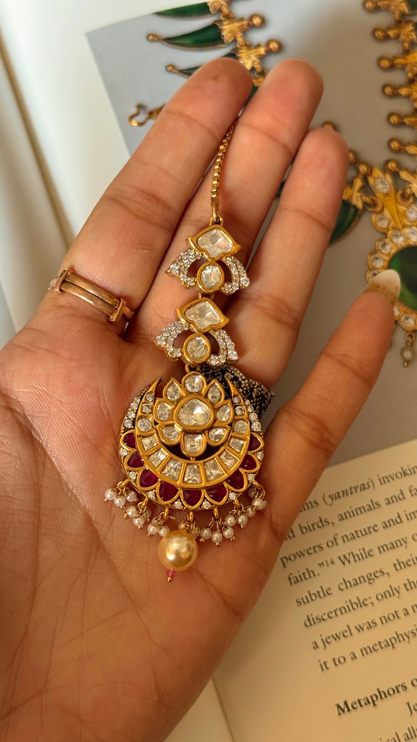 Moissanite floral polki mangtika with ruby & pearl detailing