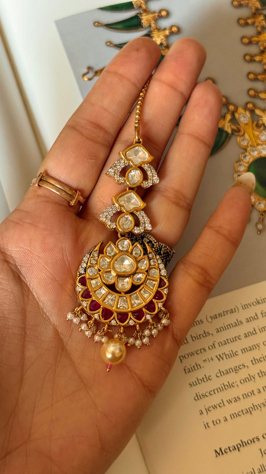 Moissanite floral polki mangtika with ruby & pearl detailing