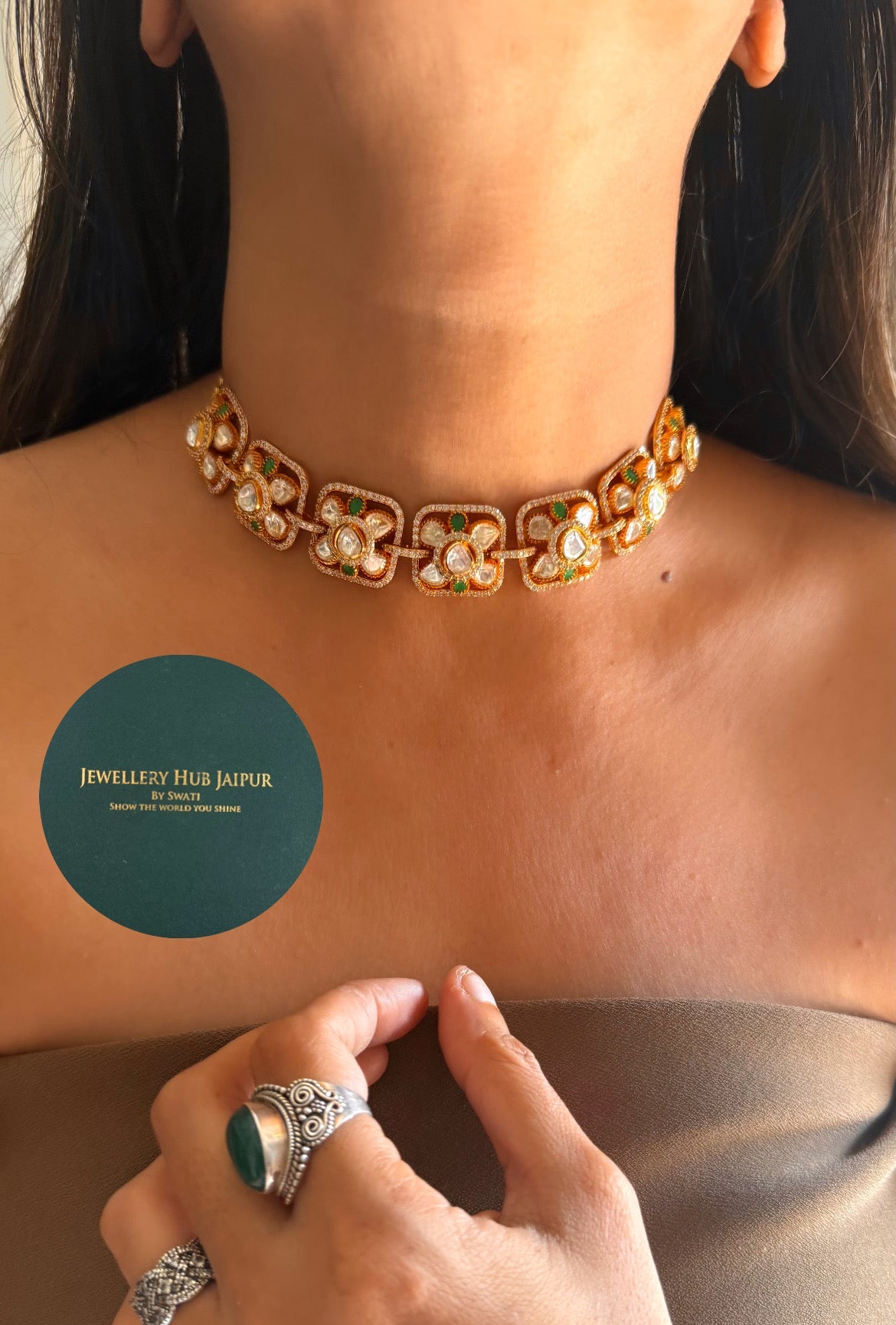 Real moissanite emerald floral design choker set