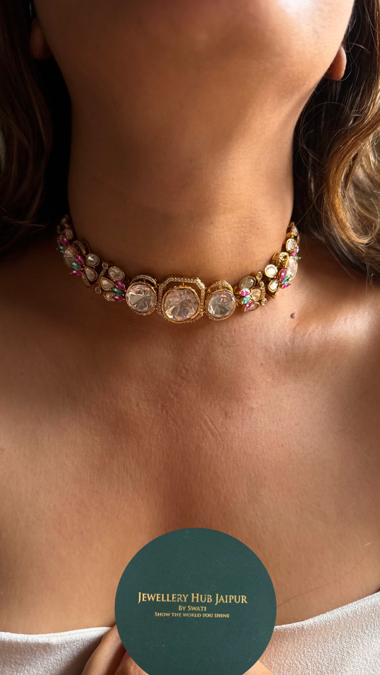 Real Moissanite peeli polki mint pink necklace