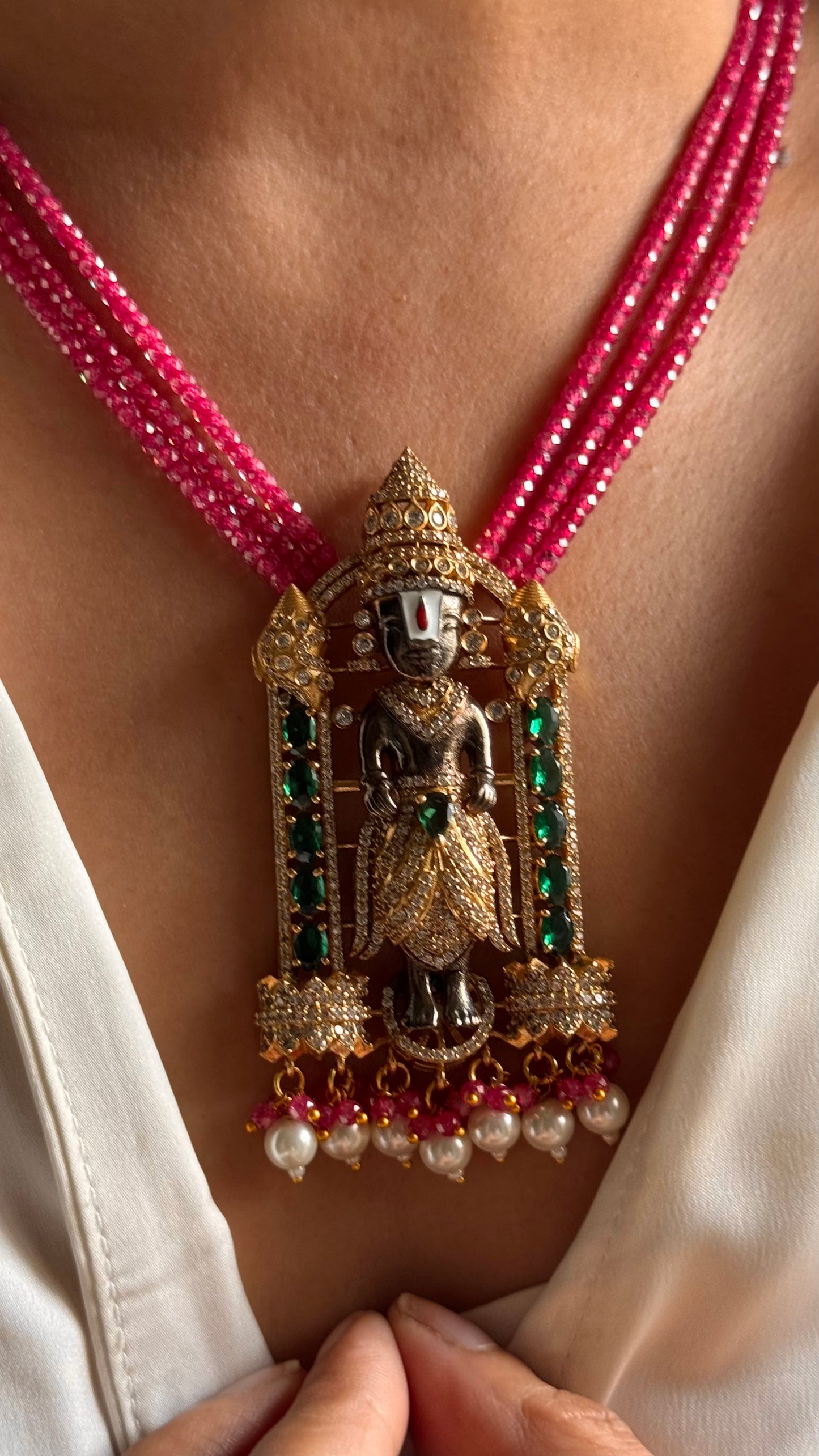 Lord venkateswara with rani pink pearl string pendant set