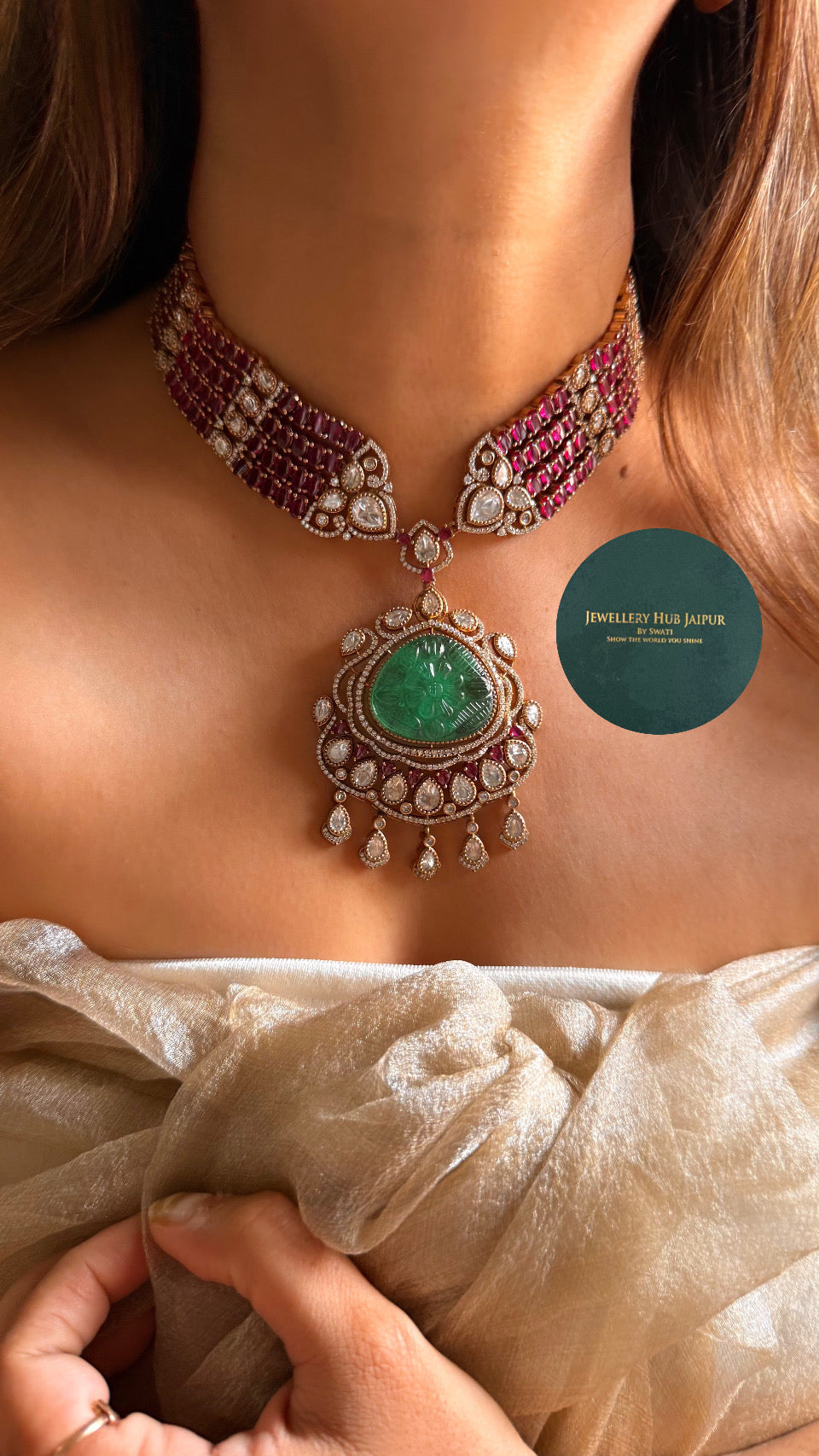 Ruby & panna moissanite designer collar necklace