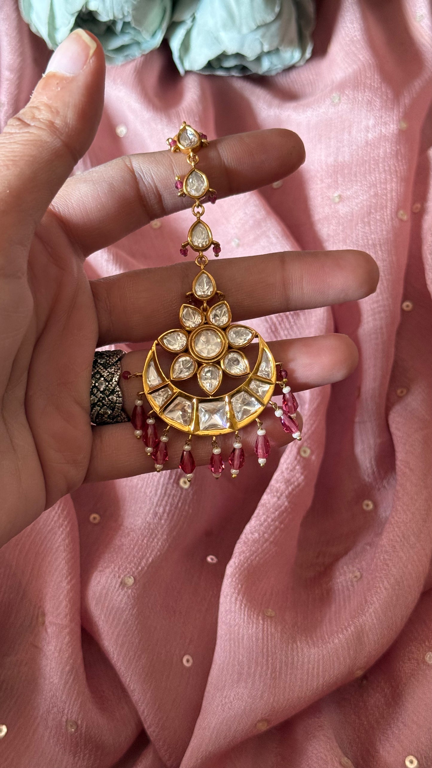 Chandbali maangtika with ruby drips