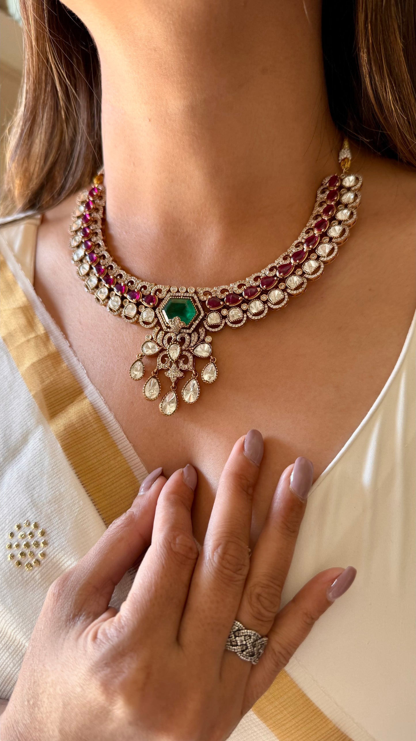 Emerald doublet ruby moissanite polki collar necklace