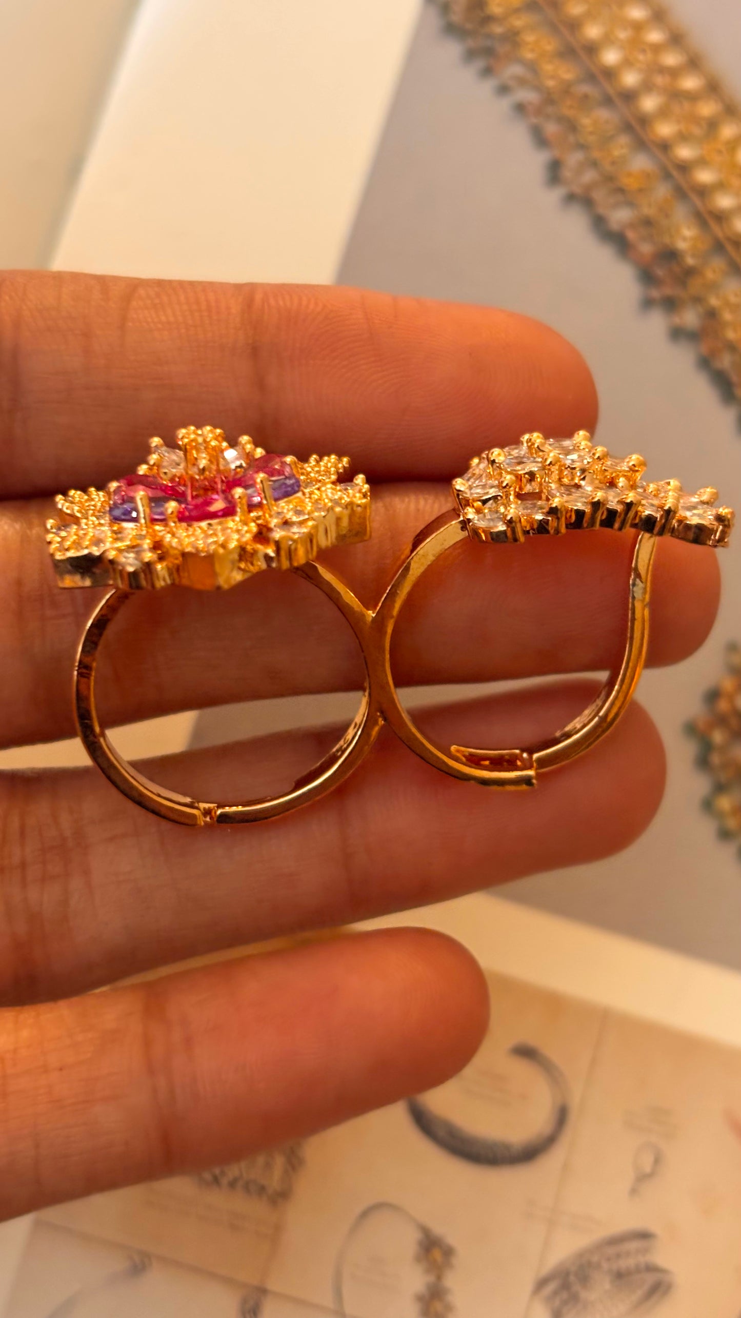 Ruby & tanzanite rose gold adjustable dual finger ring