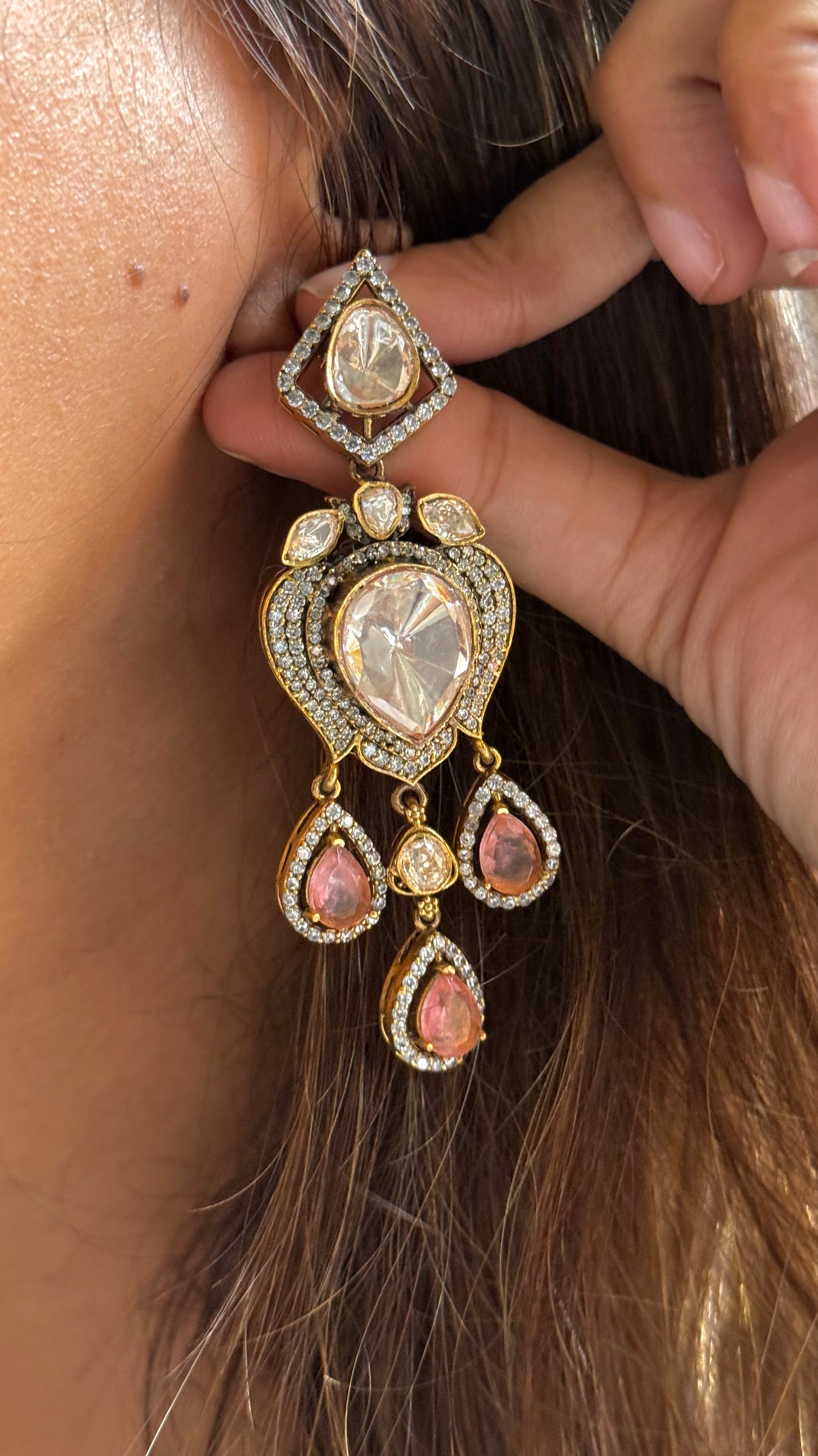 Rose quartz moissanite danglers