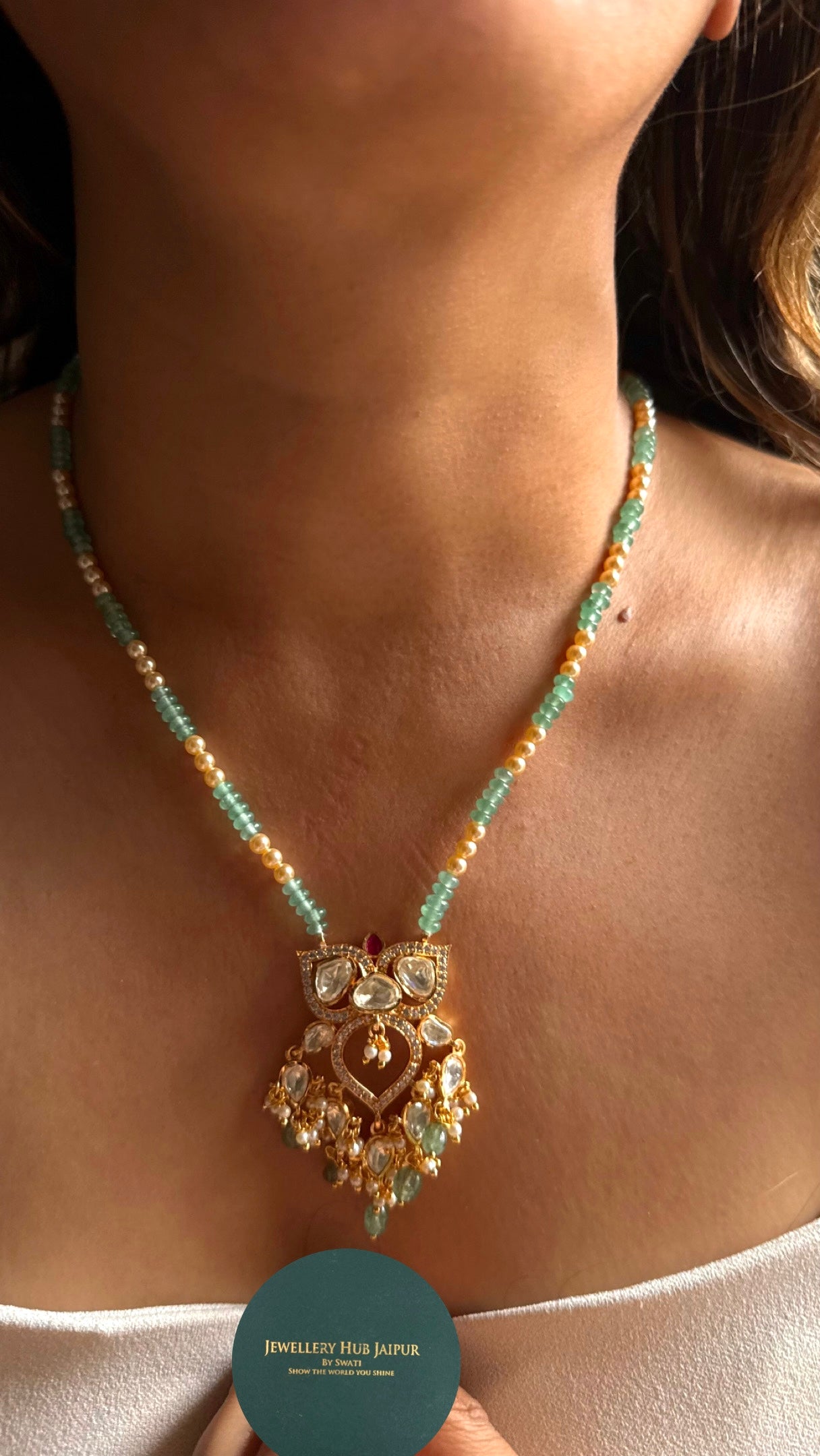 Real Moissanite peeli polki pendant set