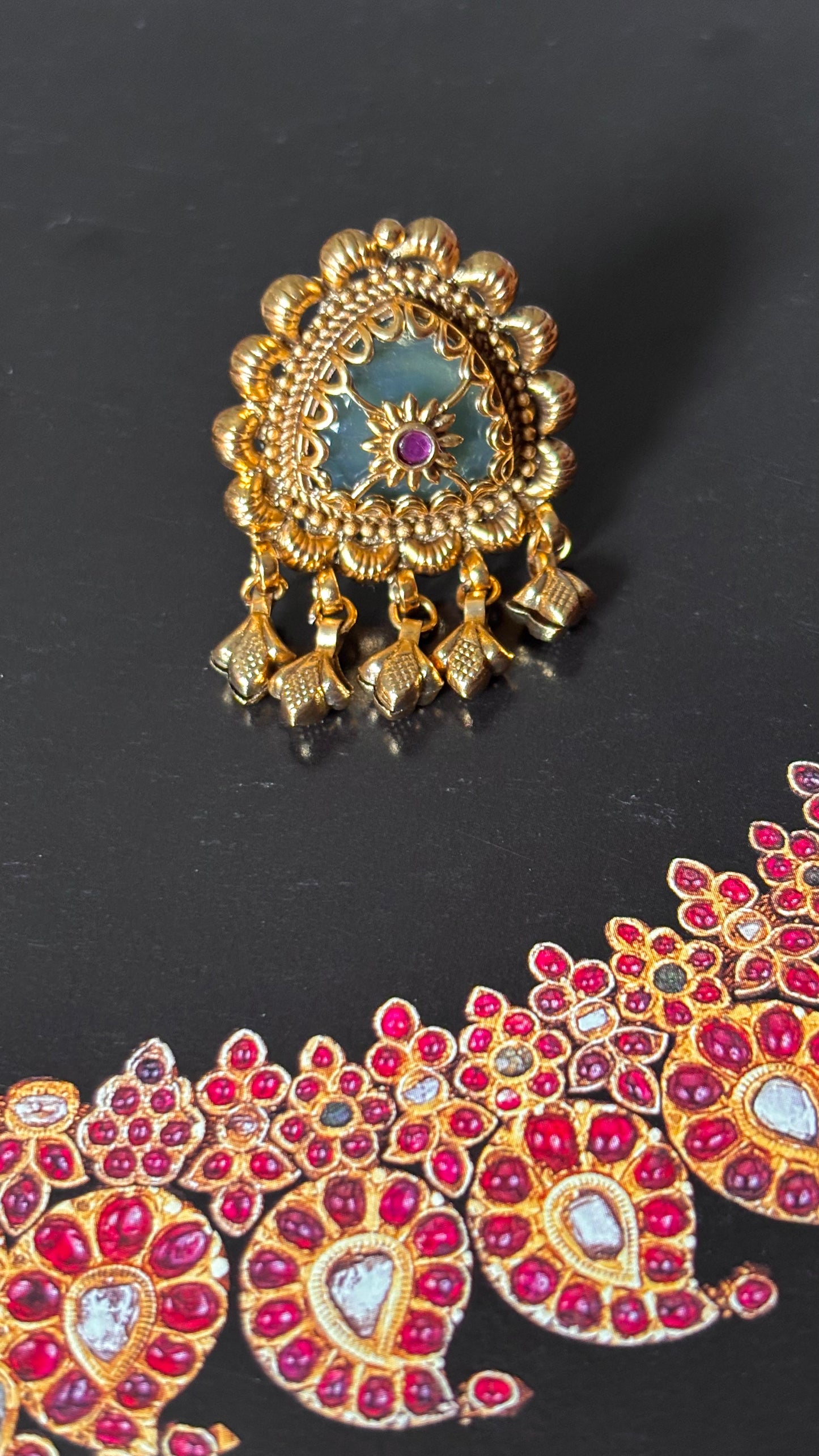 Rani pink floral nakashi golden adjustable ring