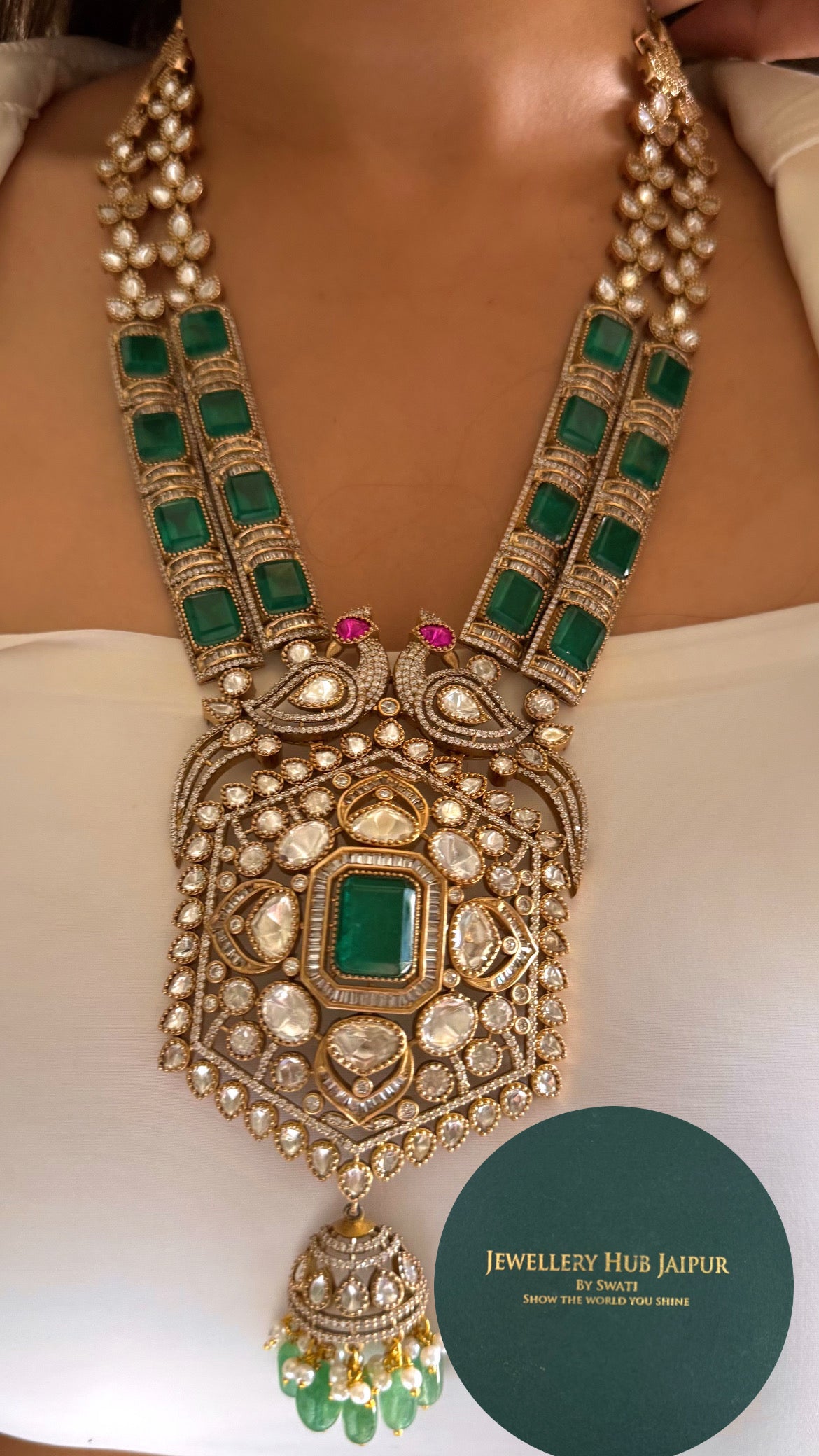 Vandana emerald Moissanite peacock mid length necklace
