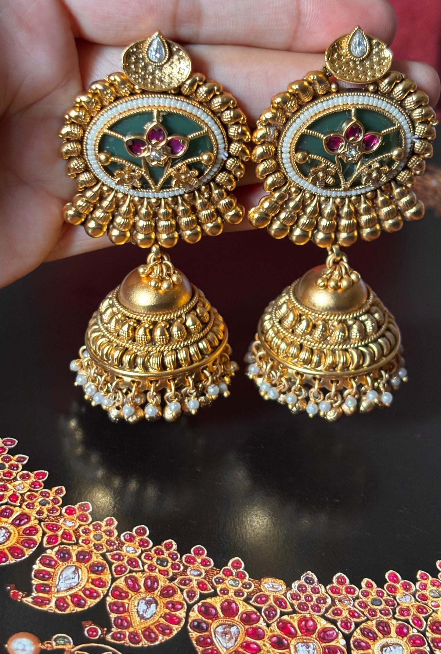 Mint inlay with rani pink floral golden jhumki earrings