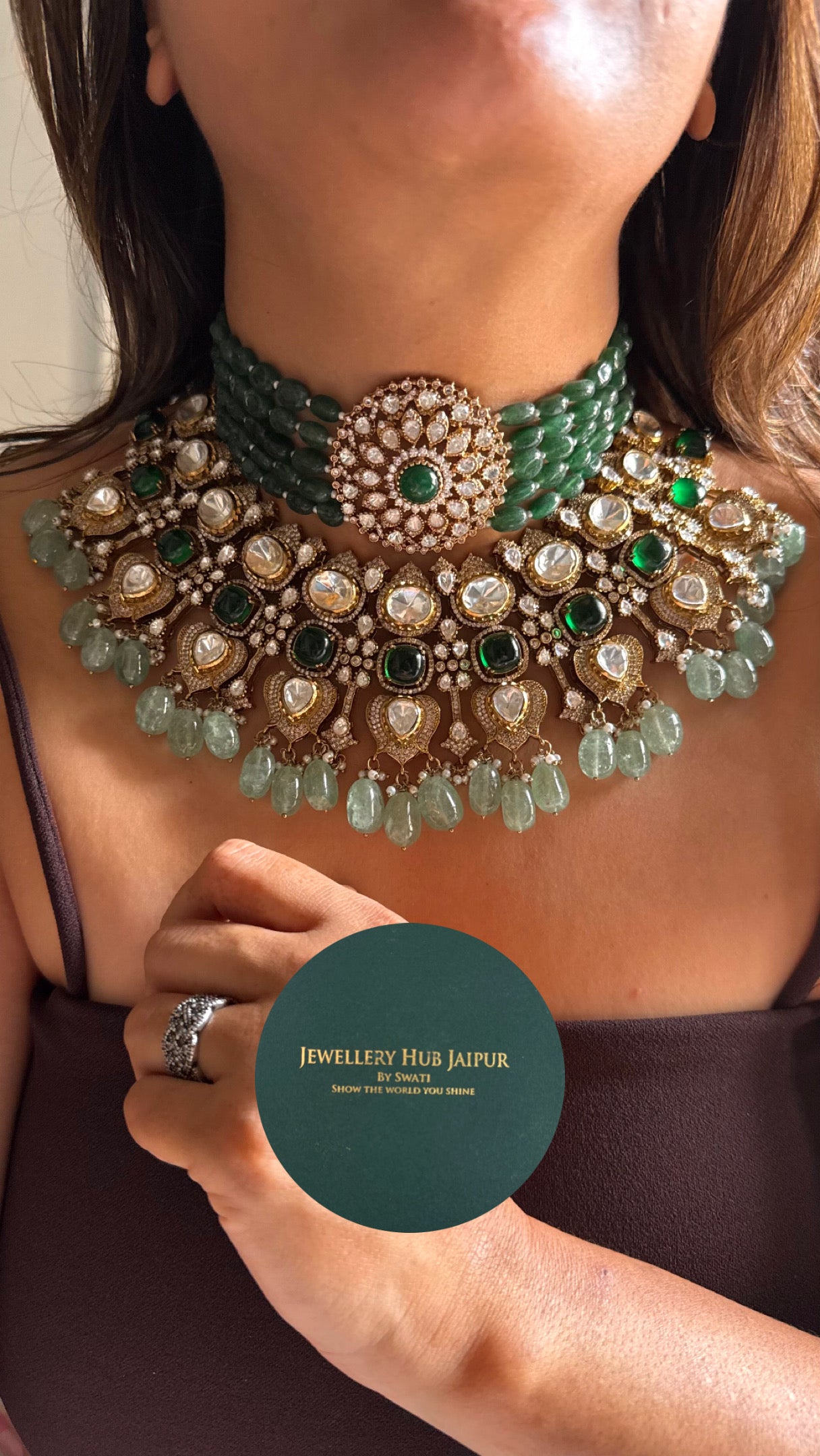 Emerald doublet wth pearl detailing mint drops bridal combo Necklace