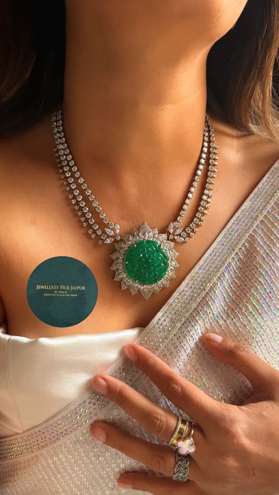 Emerald (engraved) victorian diamond necklace