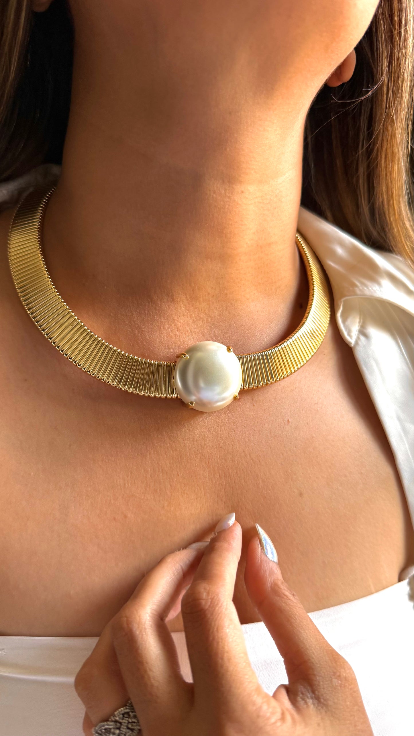 White pearl stone golden desinger necklace