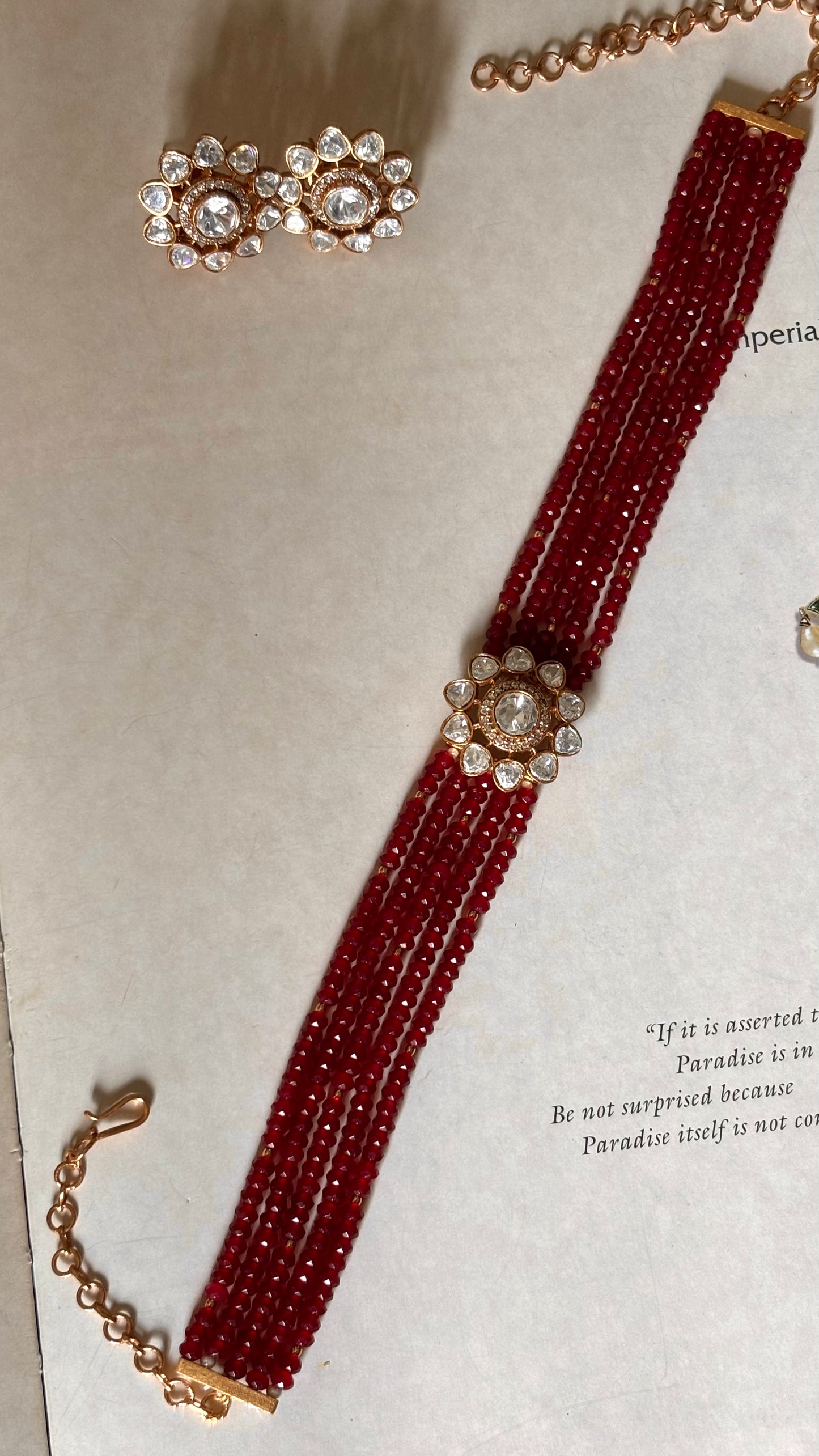 Real Moissanite floral polki rani pink ruby pearl detailing choker necklace