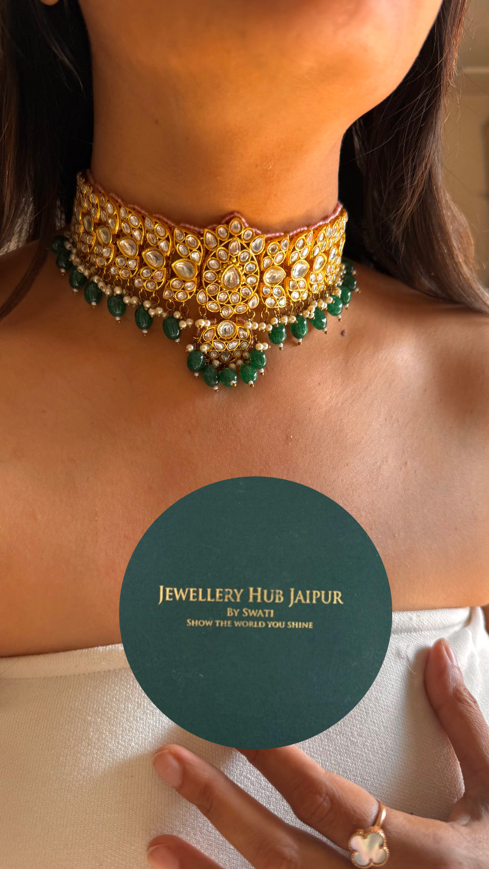 Polki emerald pink choker necklace