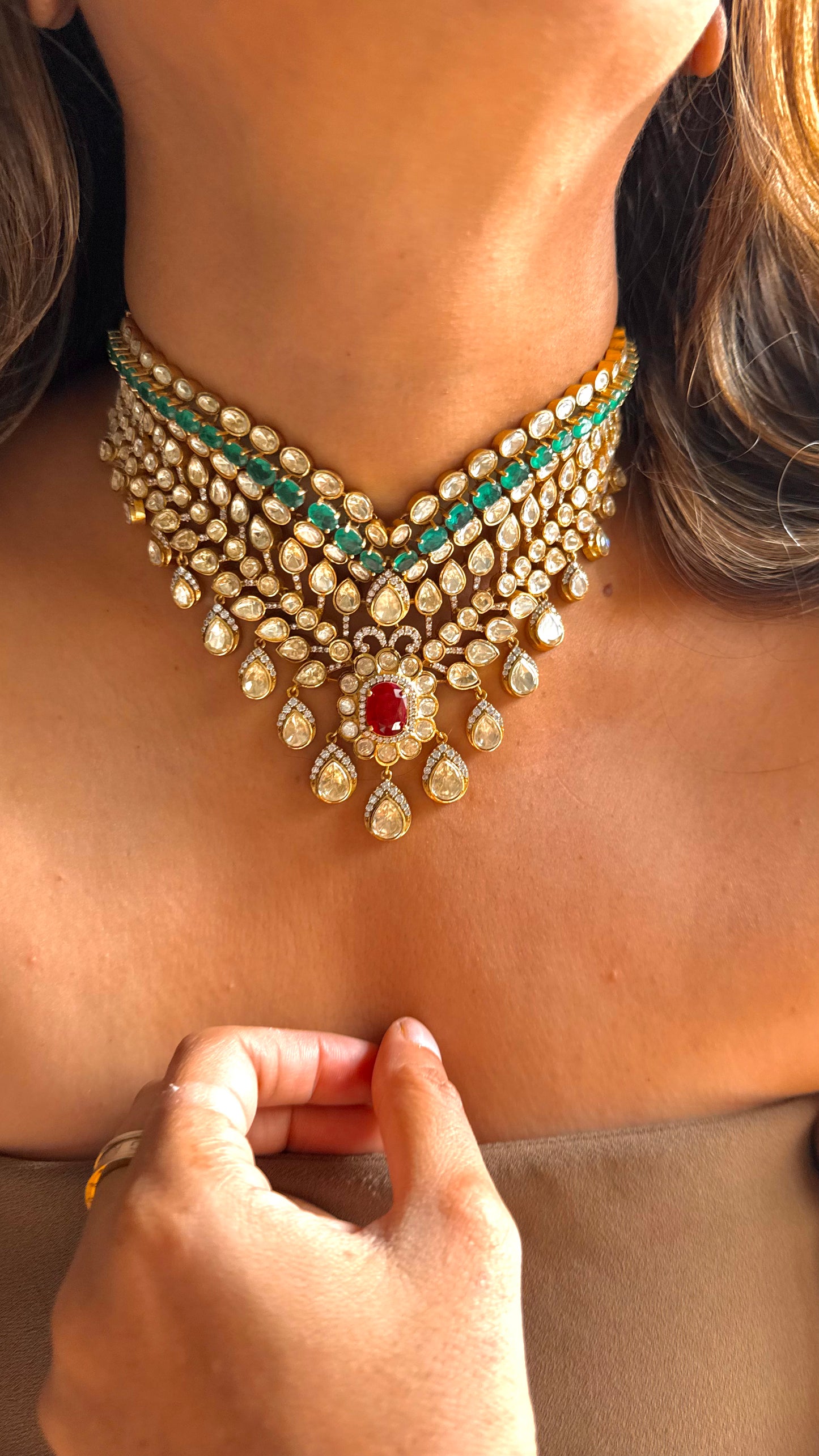 Peeli polki Ruby & Emerald designer Necklace