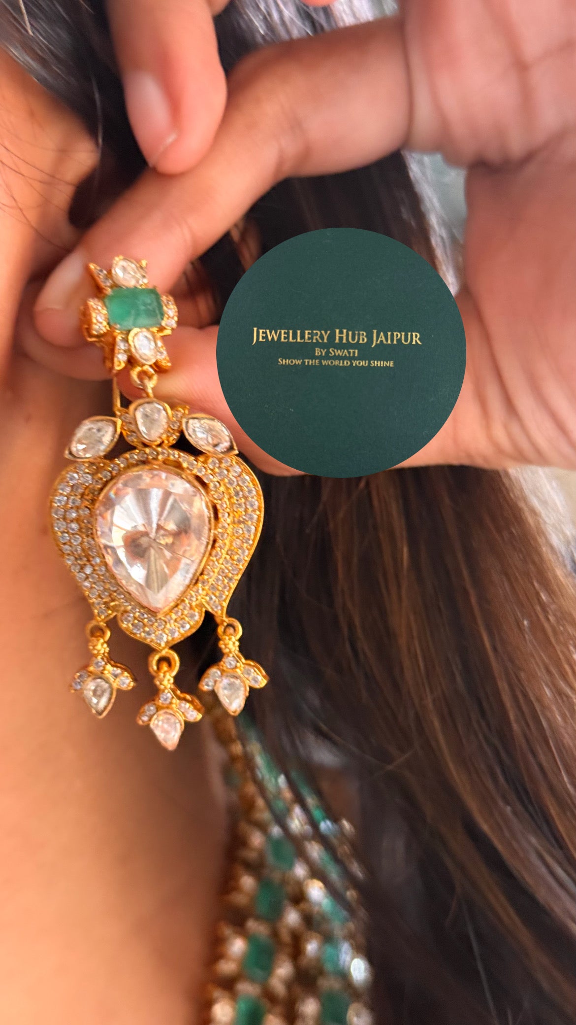 Emerald doublet dual layered moissanite polki mid length set