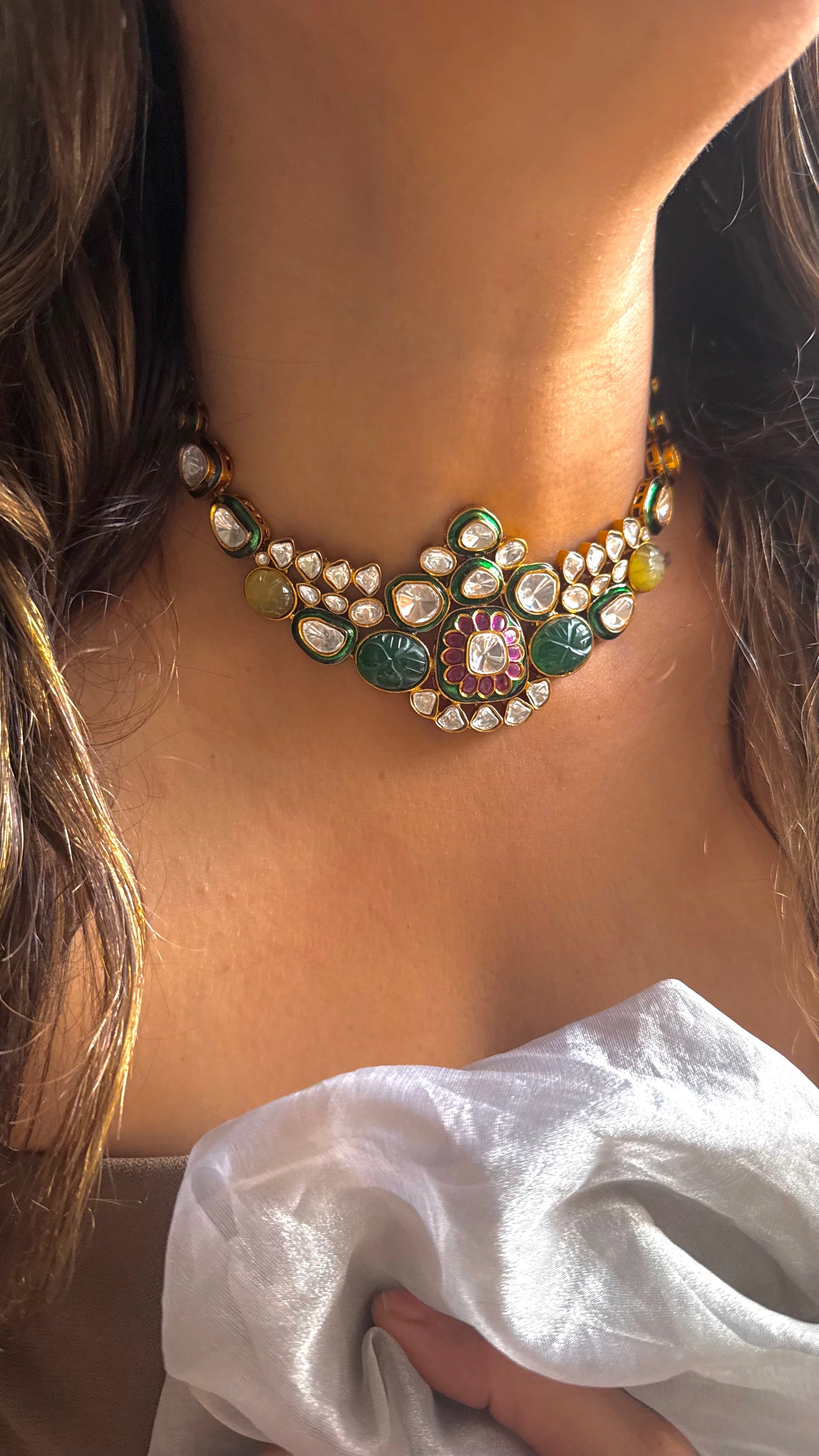 Emerald & Rani Pink MeenaKari Choker