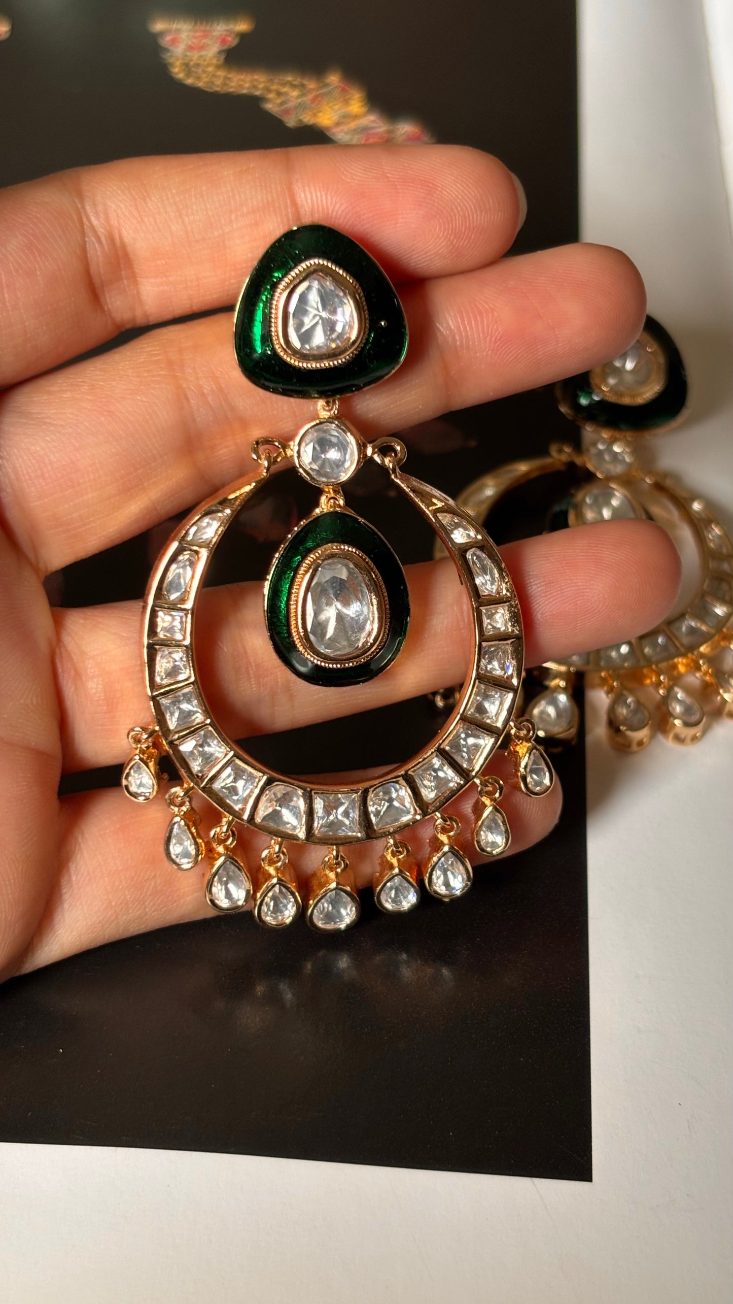 Emerald meenakari with uncut polki Chandbali earrings