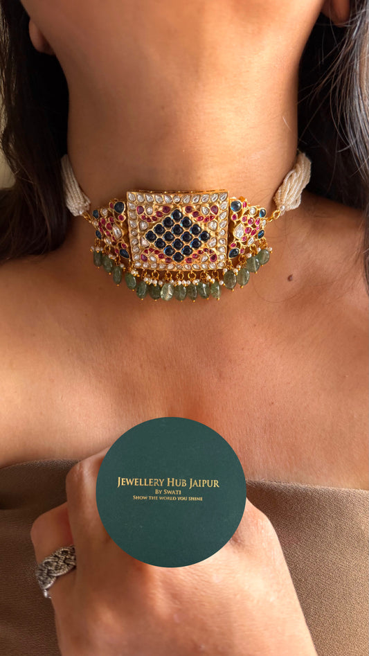 Paachi Kundan Jadaau sapphire &ruby  mint drops  thread choker necklace