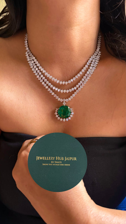 Emerald doublet triple layer cz diamond minimalist necklace