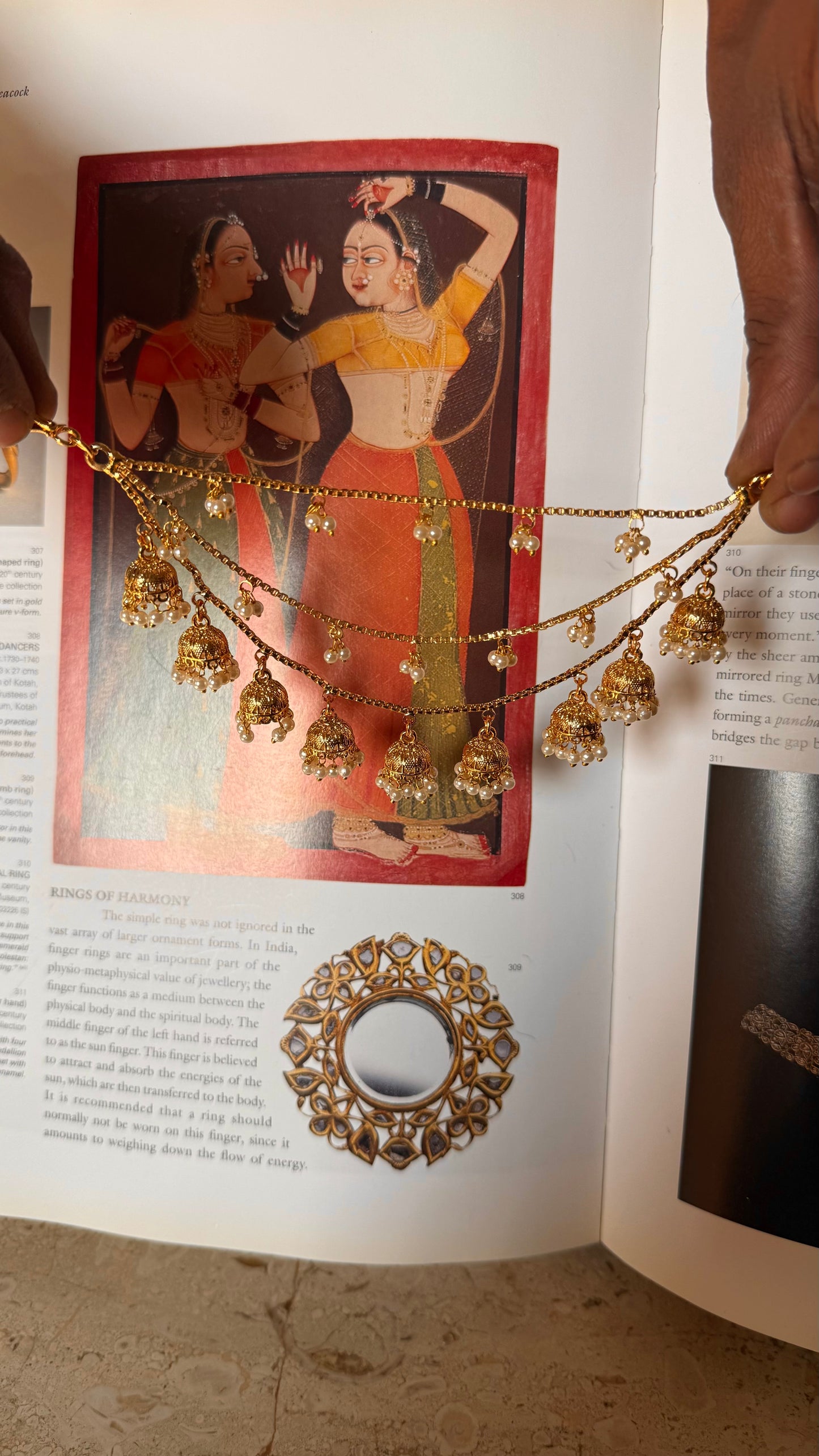 triple layer ear chain with pearl and jhumki detailing