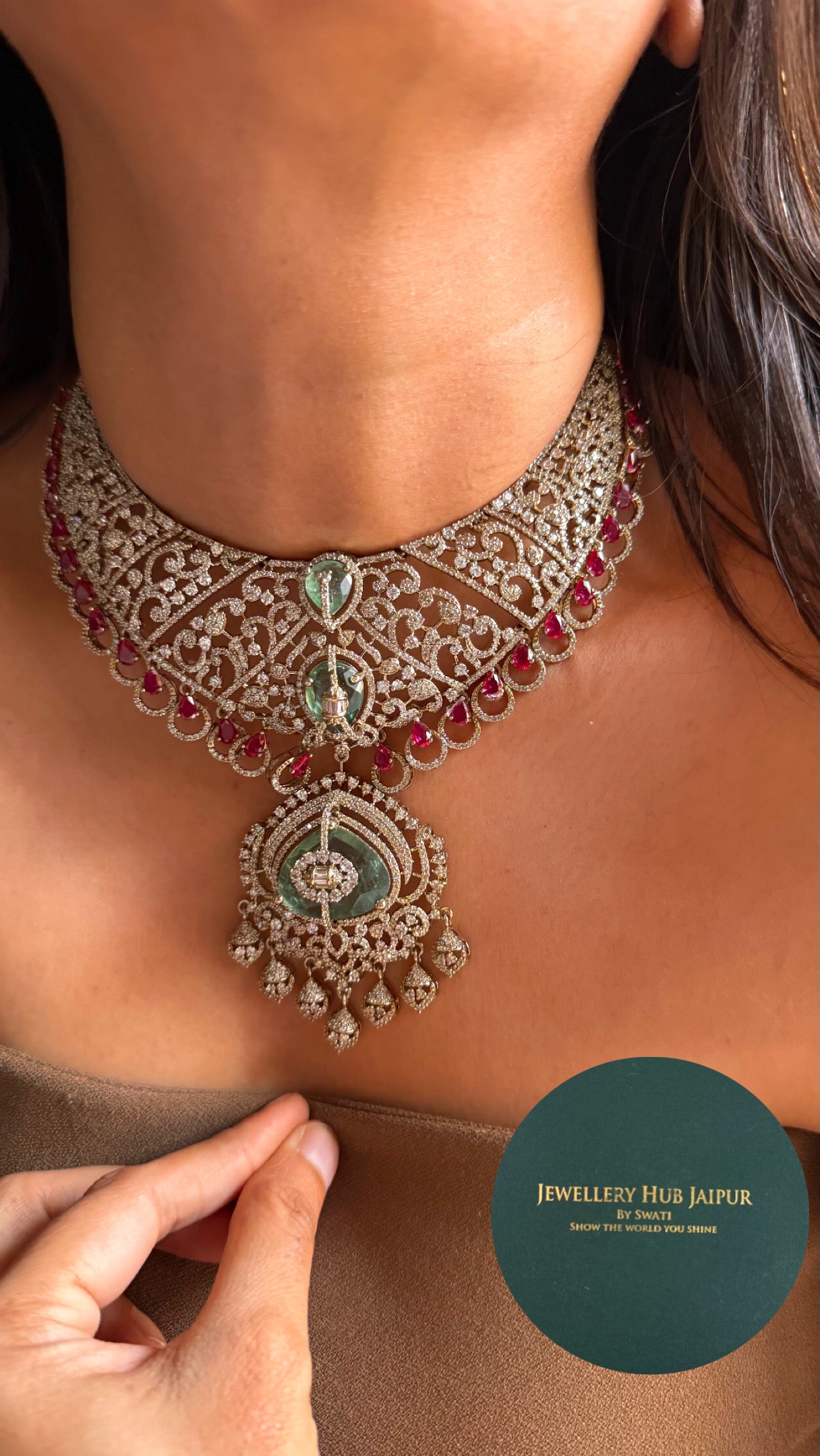 Cz ad work ruby Victorian collar necklace