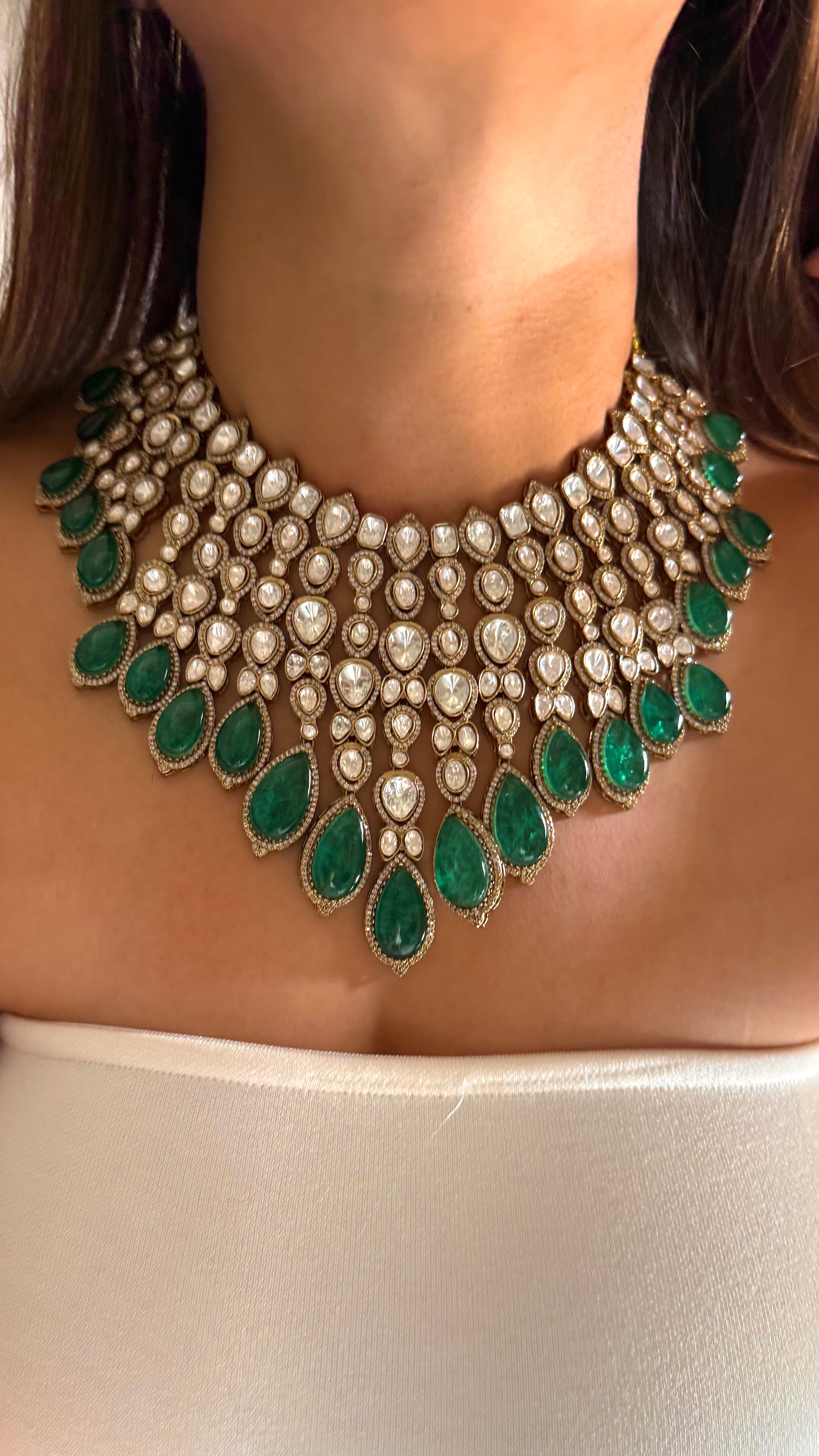 Emerald doublet leaf & moissanite set
