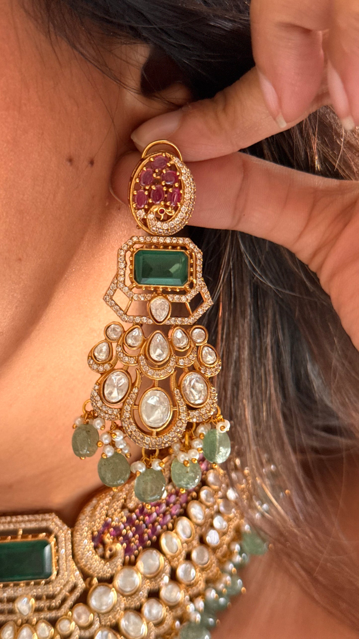 Mint & ruby moissanite peacock pattern choker set