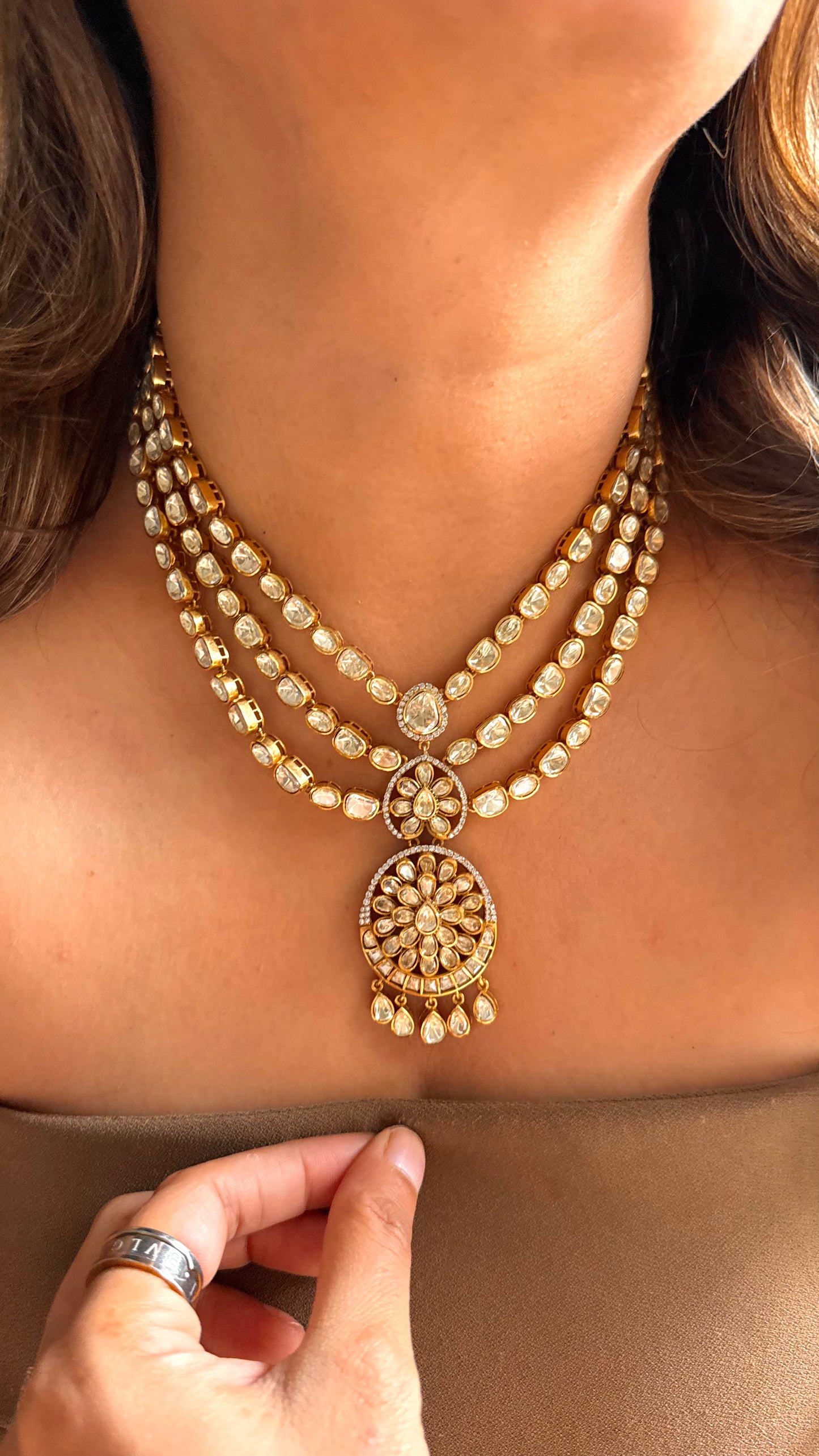 Peeli polki triple line designer necklace