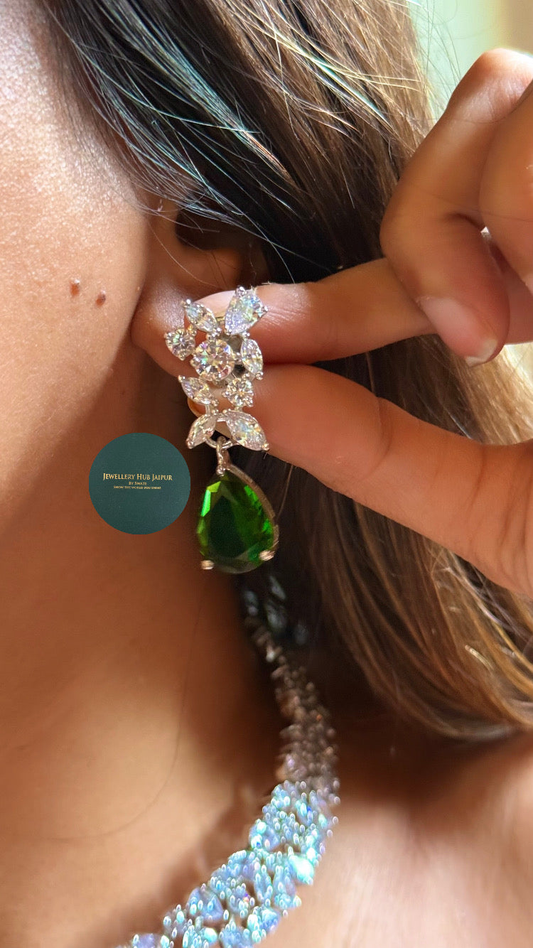 Ojasvi cz diamond cocktail choker set with emerald drops