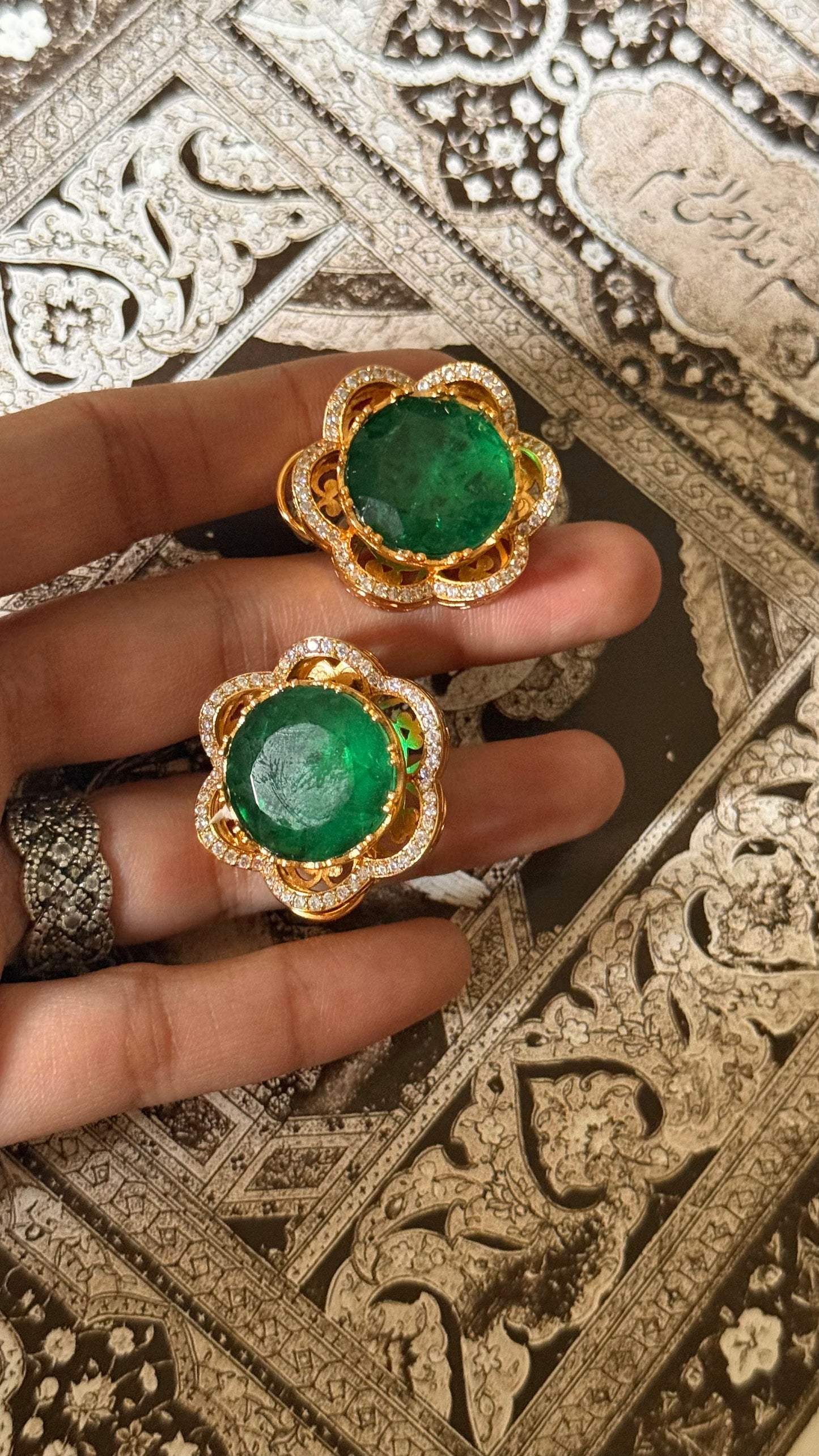 Emerald doublet floral design studs
