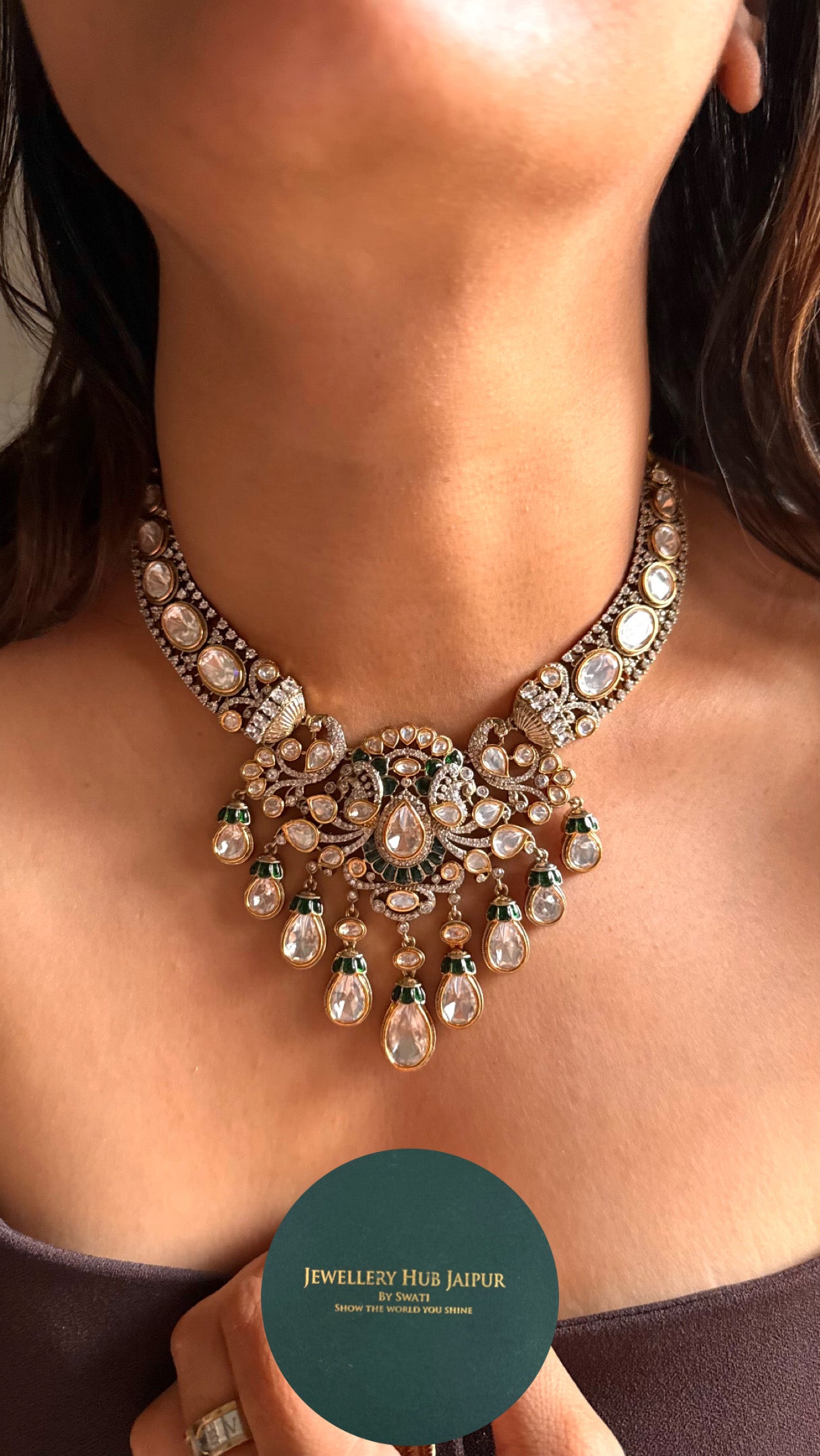 Emerald vintage  moissanite polki collar necklace