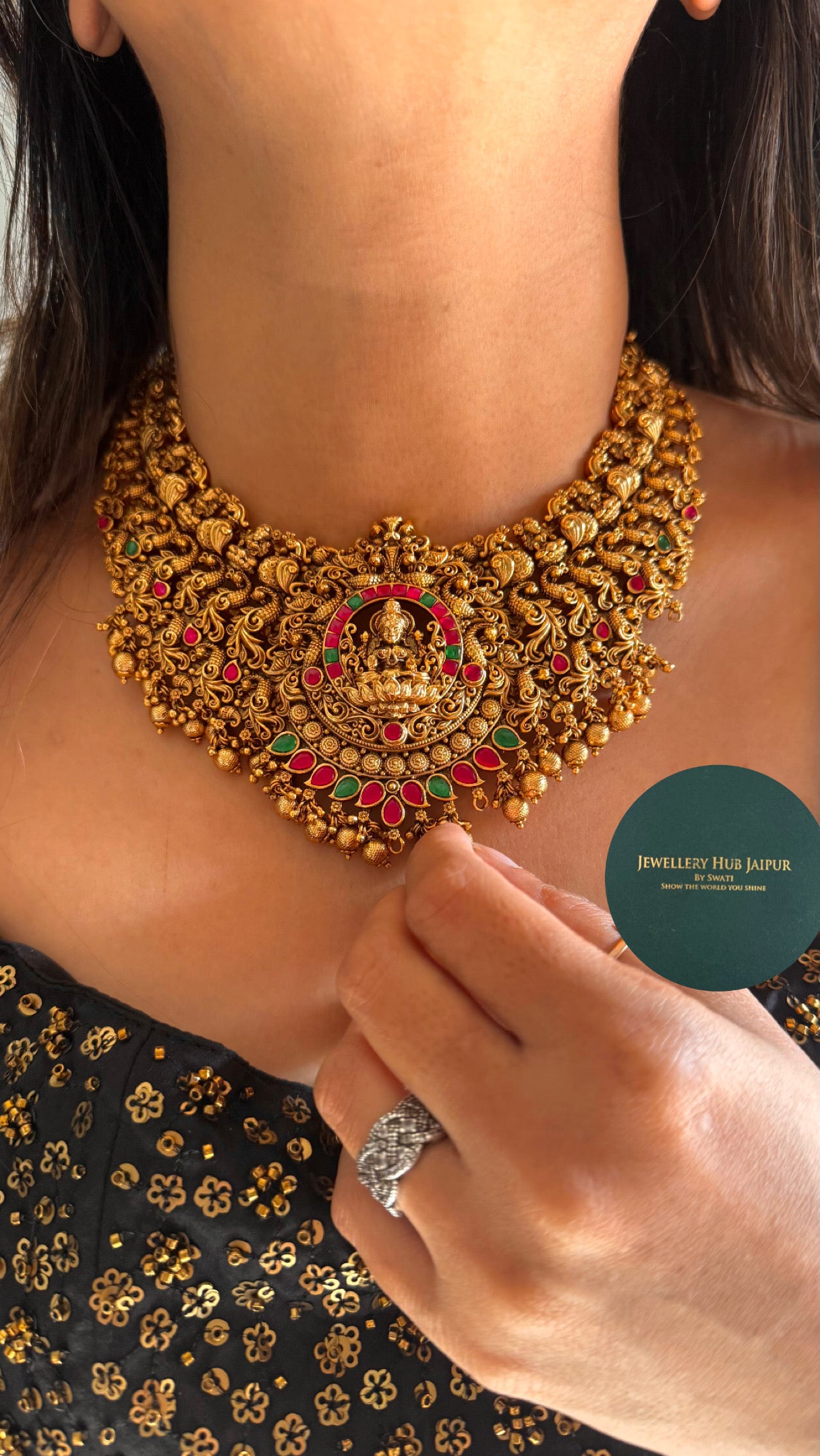 Goddess Laxmi Rani pink ruby temple paachi kundan necklace set