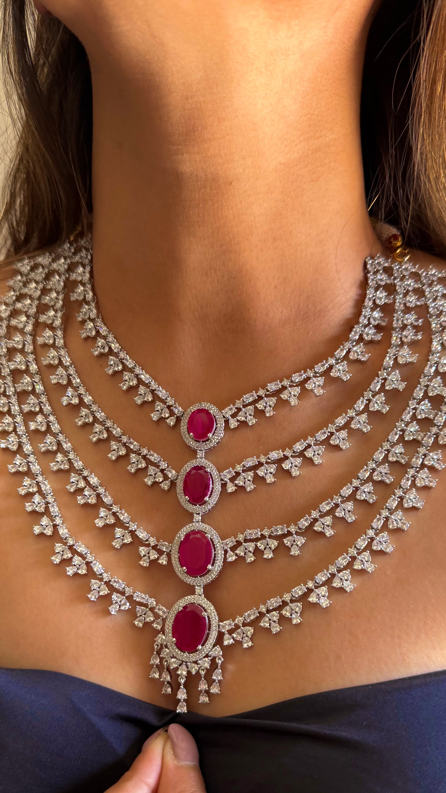 Elara Rani pink four layered diamond necklace