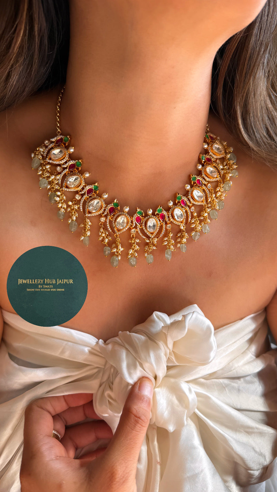 Real moissanite panna & rani pink ruby peacock inspired necklace with strawberry drops