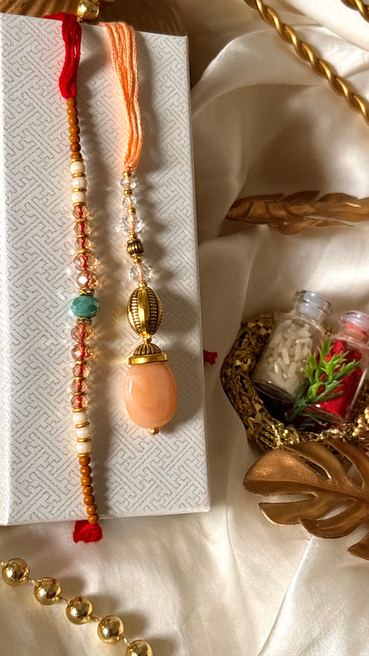 Bhaiya bhabhi lumba peach designer stone oxidised rakhi ( shipping will be extra )